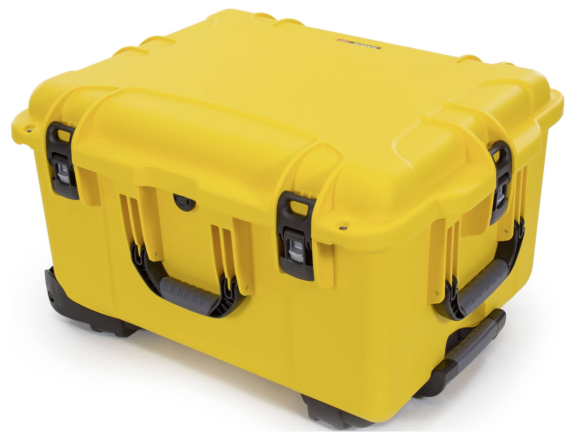Żółty, wytrzymały kufer transportowy z czarnymi uchwytami i zamknięciami, idealny do bezpiecznego przewożenia delikatnego sprzętu.
