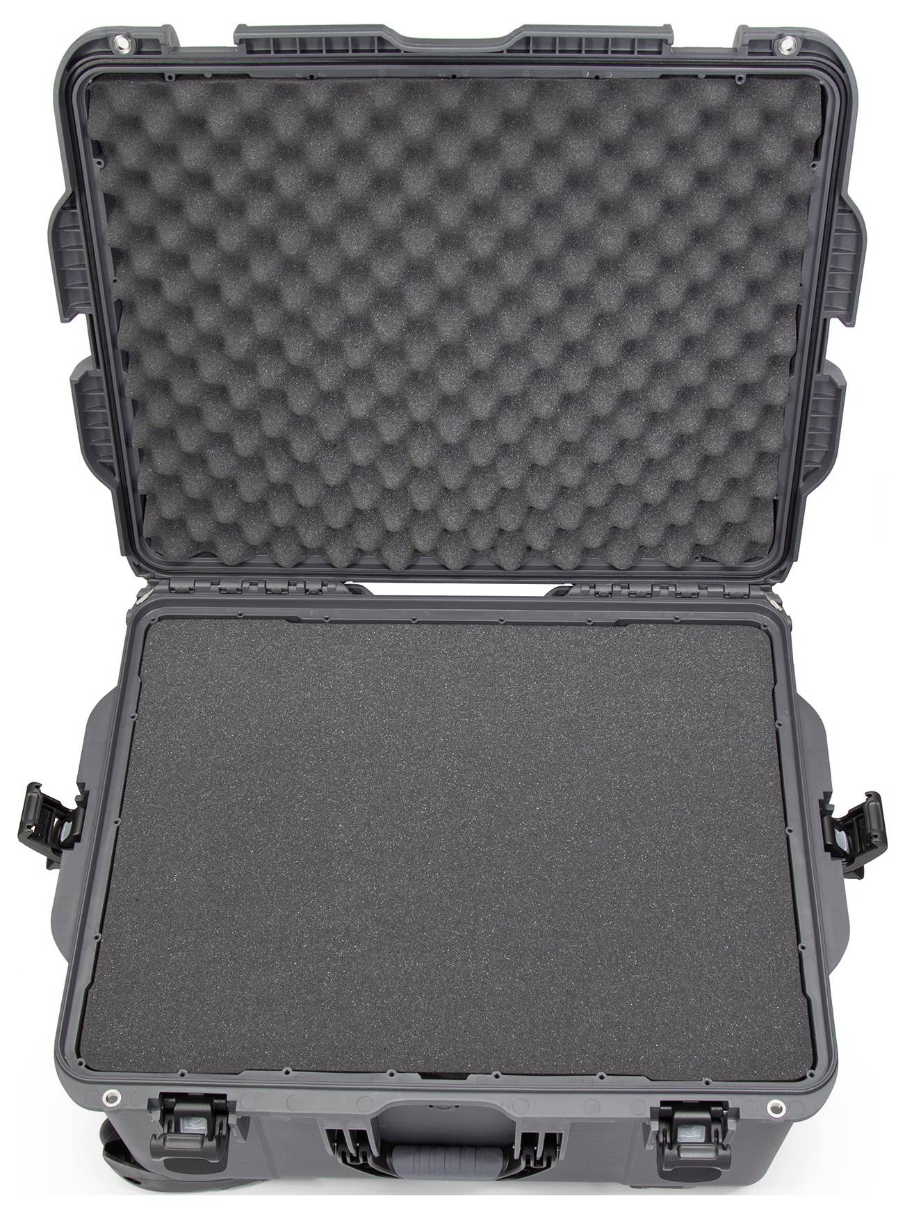 Otwarty, stabilny czarny kufer z wyściółką piankową do bezpiecznego transportu delikatnych przedmiotów.