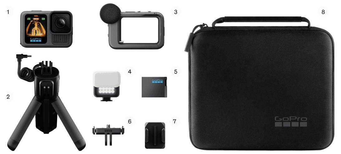 Kamera GoPro z akcesoriami: 1. Kamera, 2. Statyw, 3. Obudowa, 4. Światło, 5. Akumulator, 6. Zacisk, 7. Uchwyt, 8. Torba transportowa.