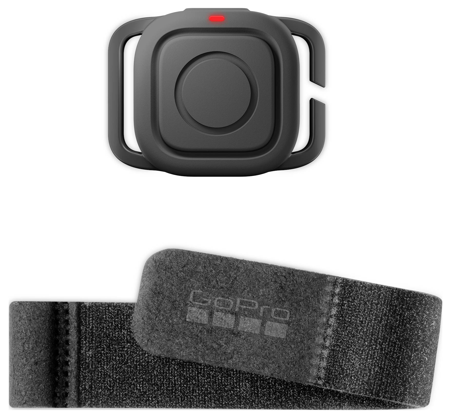 Kompaktowy, czarny, kwadratowy wyzwalacz kamery z czerwonym światłem na górze i pasującym paskiem na rzep, oznaczony napisem 'GoPro'.