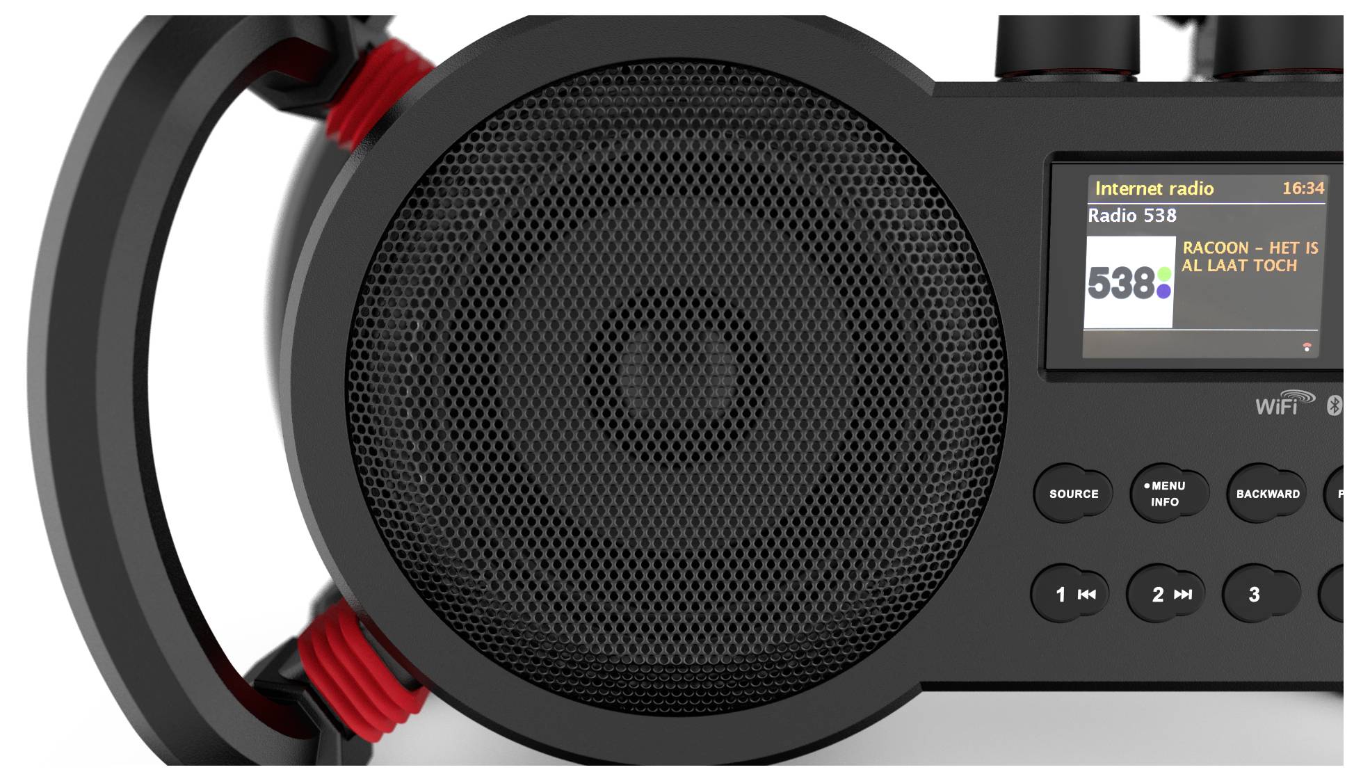 Zbliżenie przenośnego radia z głośnikiem, przyciskami i ekranem wyświetlającym 'Radio internetowe 16:34, Radio 538'.