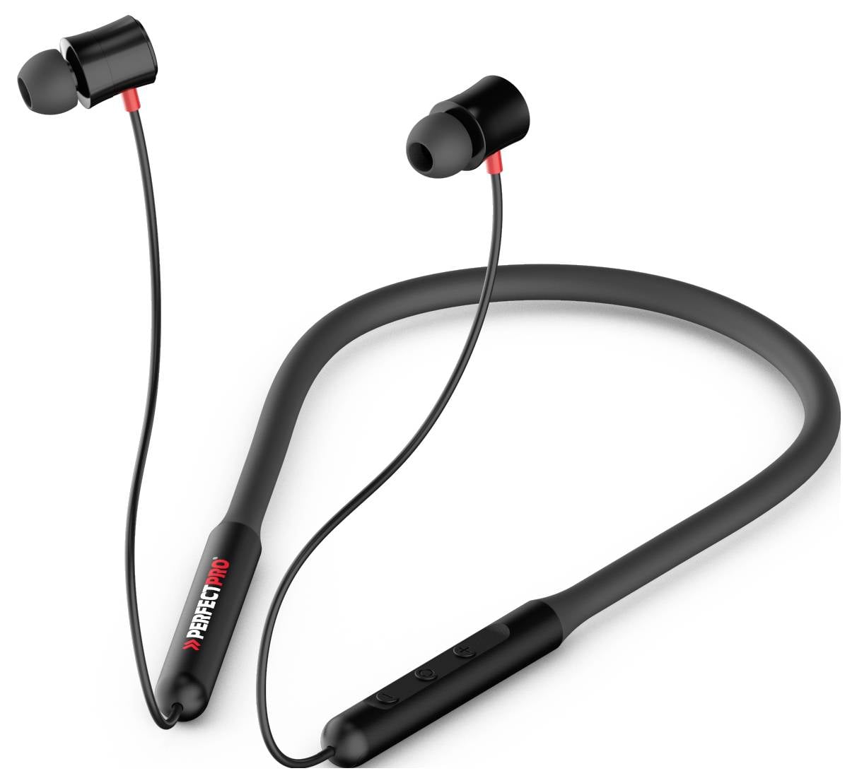 Bezprzewodowe, czarne douszne słuchawki Bluetooth z czerwonym akcentem i zintegrowanym panelem sterowania na pałące.