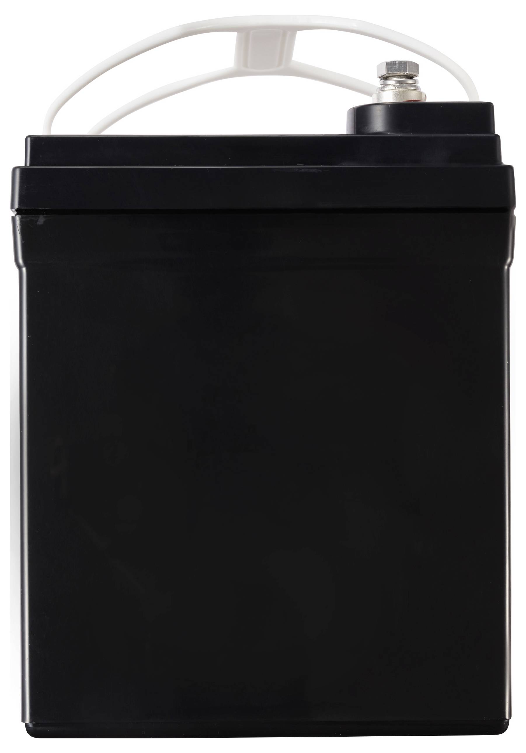 Czarna bateria z białym uchwytem i metalowym biegunem, ustawiona pionowo, na białym tle.