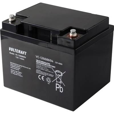 Czarna, prostokątna bateria 12V marki VOLTCRAFT, model VC-12686694. Typ baterii: Valve Regulated Rechargeable.