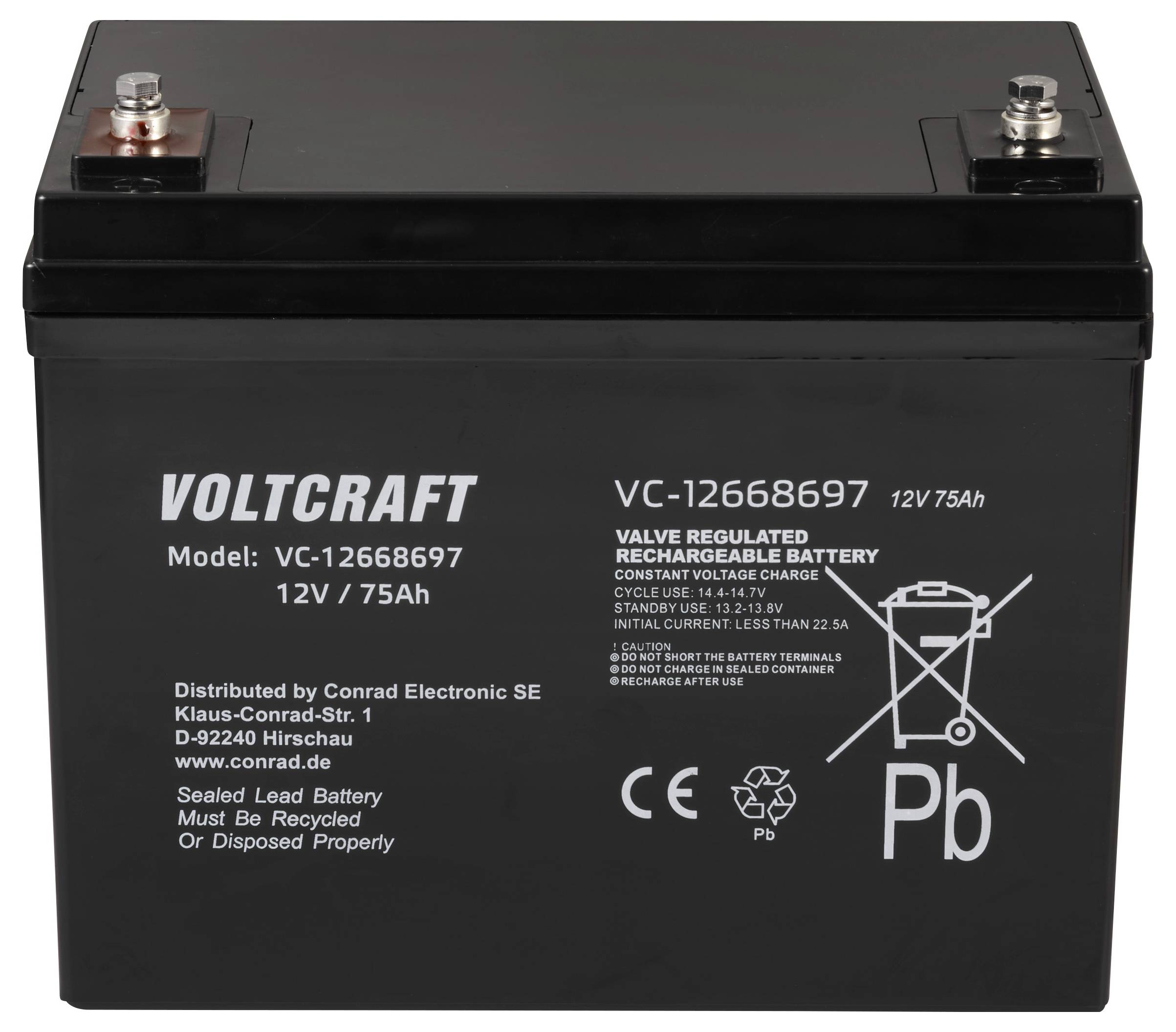 Czarna, prostokątna bateria Voltcraft, model VC-12668697, 12V/75Ah. Zawiera wskazówki dotyczące bezpieczeństwa i użytkowania.