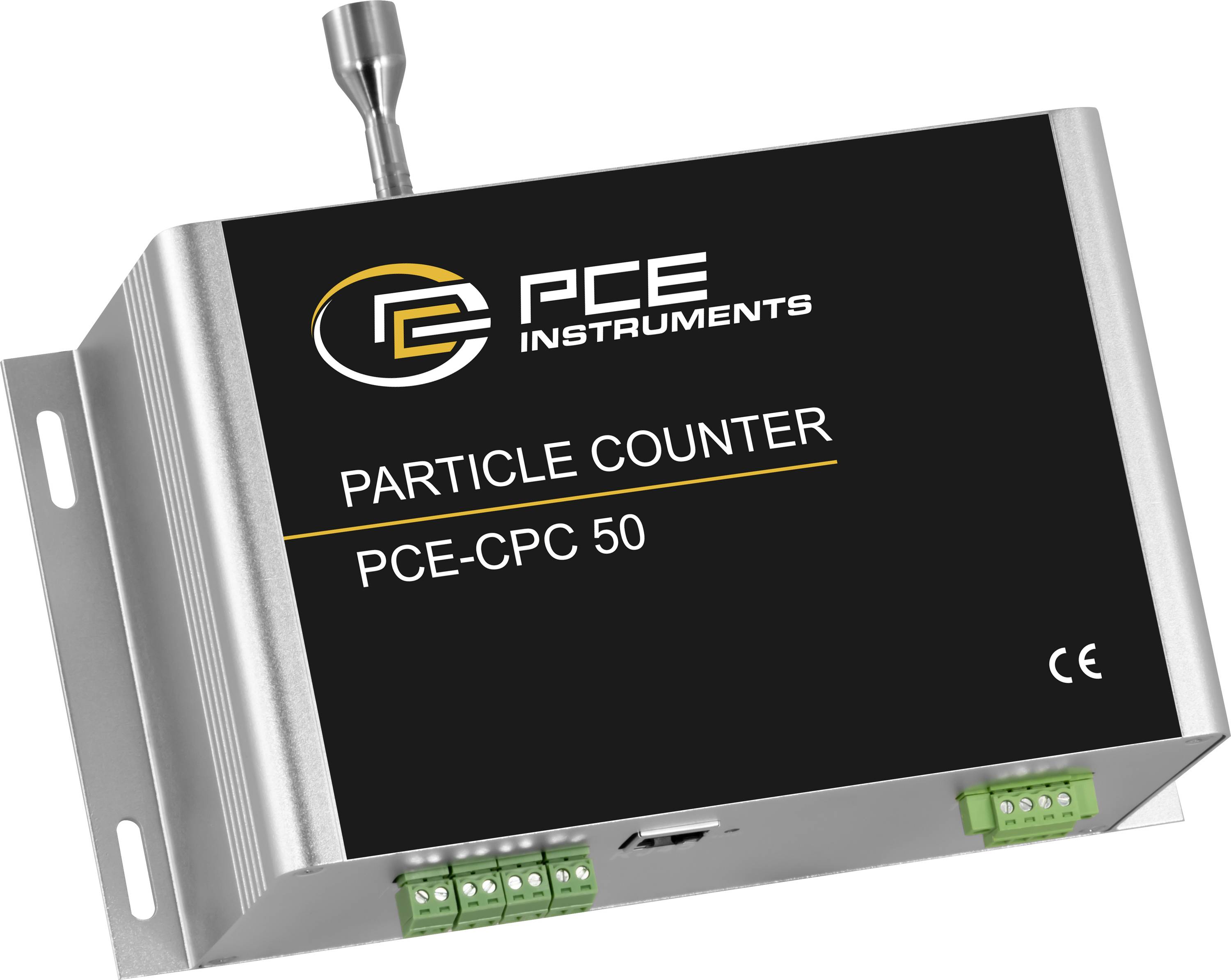 Licznik cząstek firmy PCE Instruments, model PCE-CPC 50, w metalowej obudowie prostokątnej z anteną i zaciskami przyłączeniowymi.