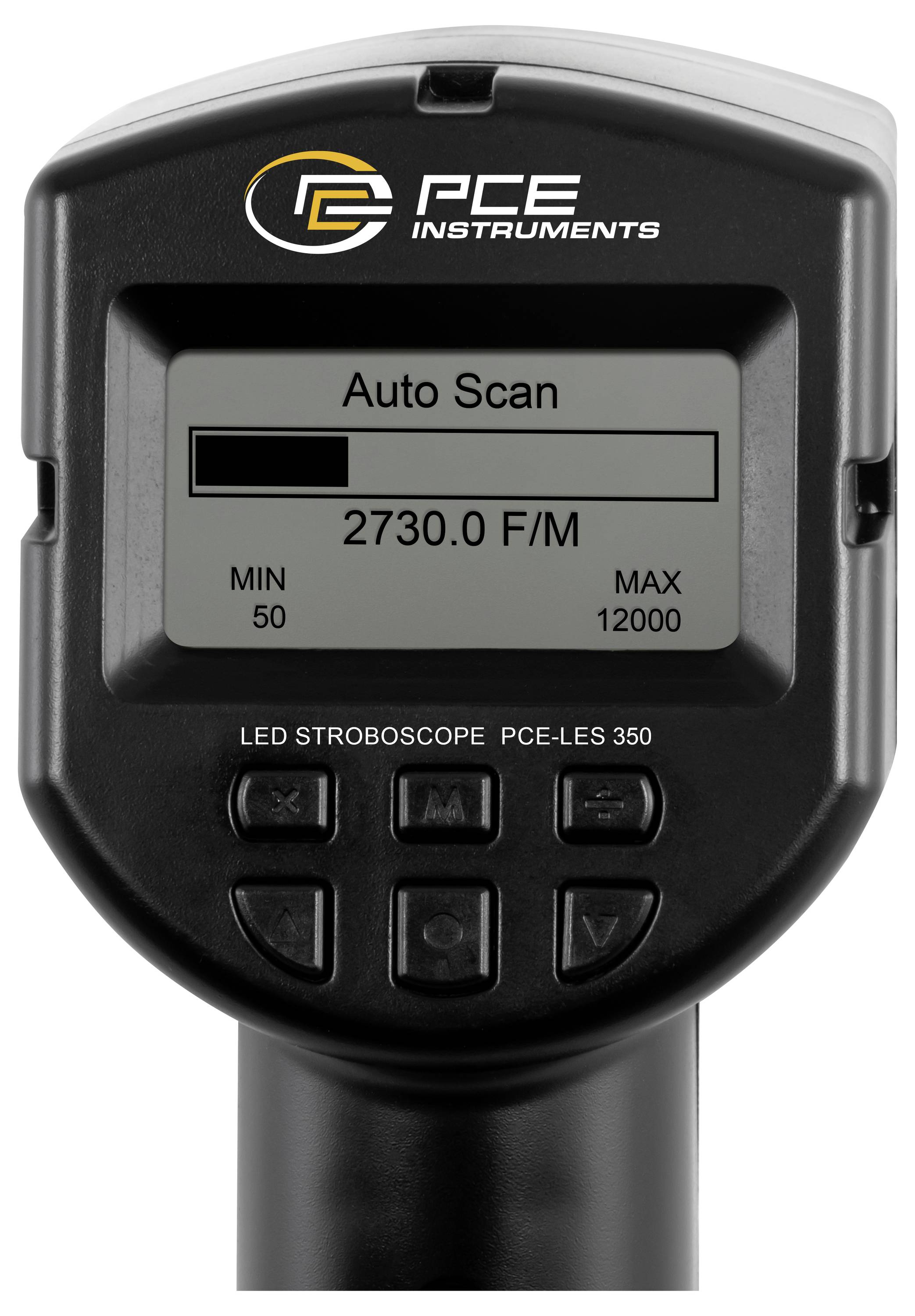 Stroboskop LED wyświetla 'Auto Scan' oraz '2730.0 F/M'. Wartość minimalna wynosi 50, a maksymalna 12000. Na górze znajduje się logo 'PCE Instruments'.