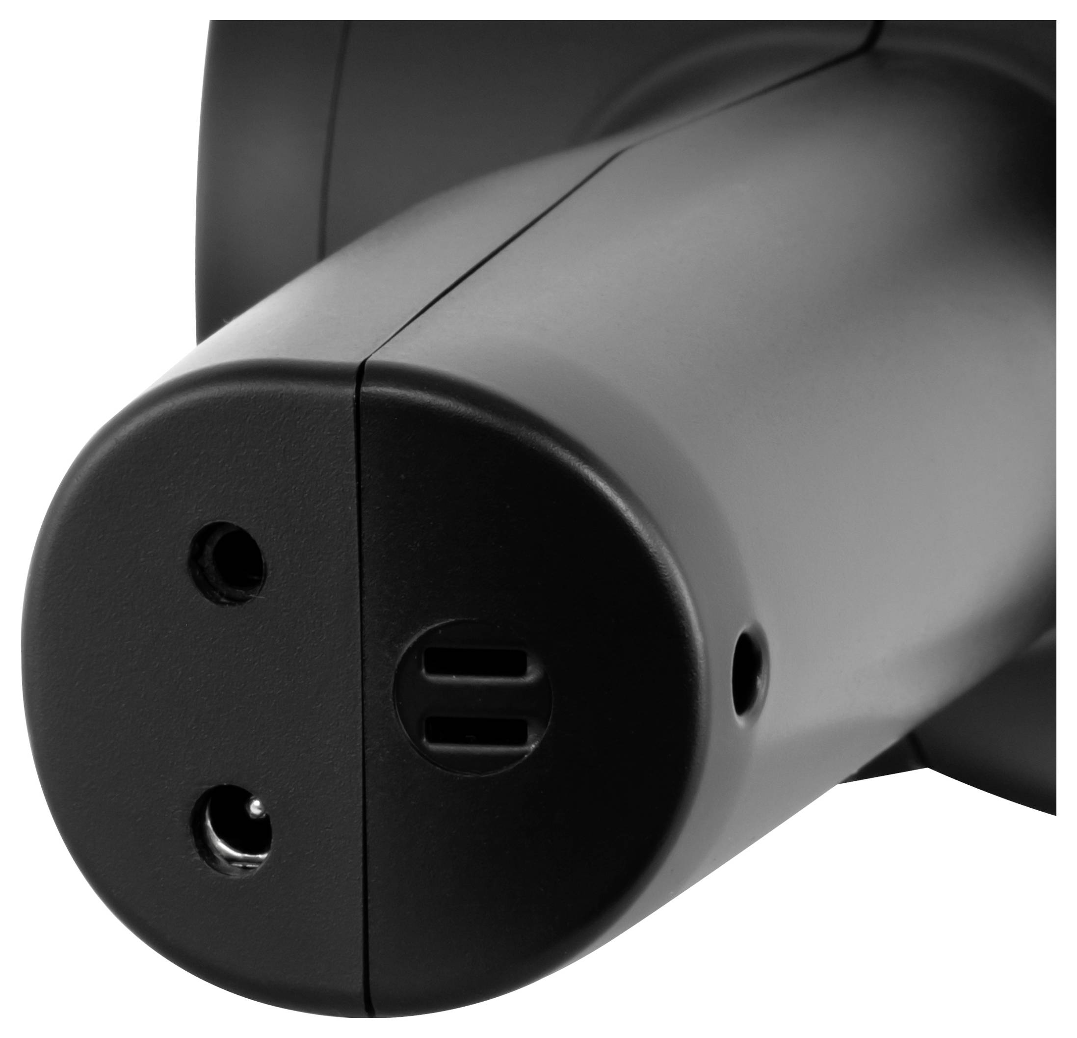 Czarne urządzenie elektroniczne z zaokrągloną tylną częścią. Widoczne są niektóre otwory przyłączeniowe dla kabli, prawdopodobnie do ładowania lub przesyłu danych.