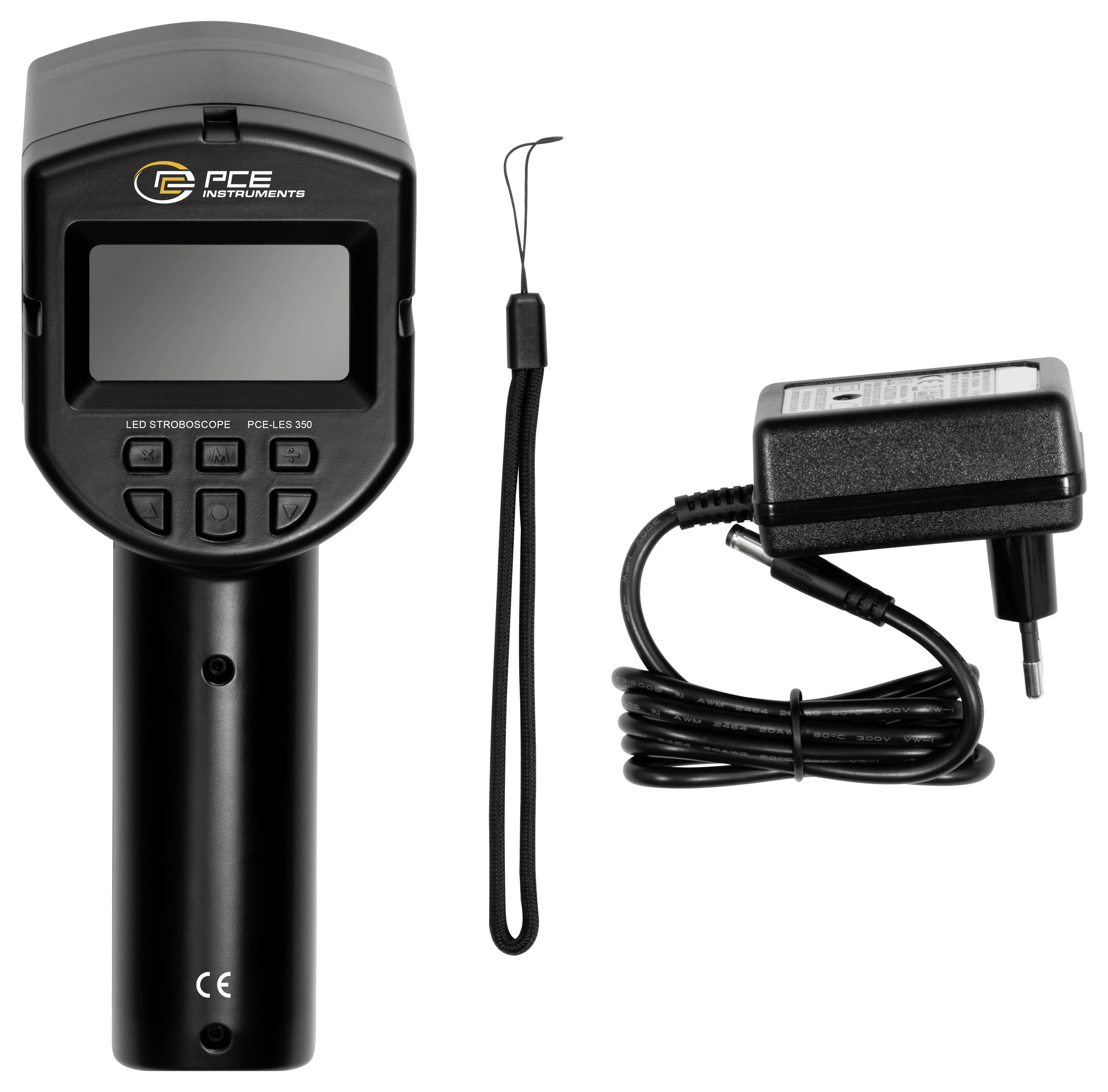 Ręczny stroboskop z wyświetlaczem, przenośną pętlą do trzymania oraz ładowarką, odpowiedni do zastosowań przemysłowych i pomiarów.