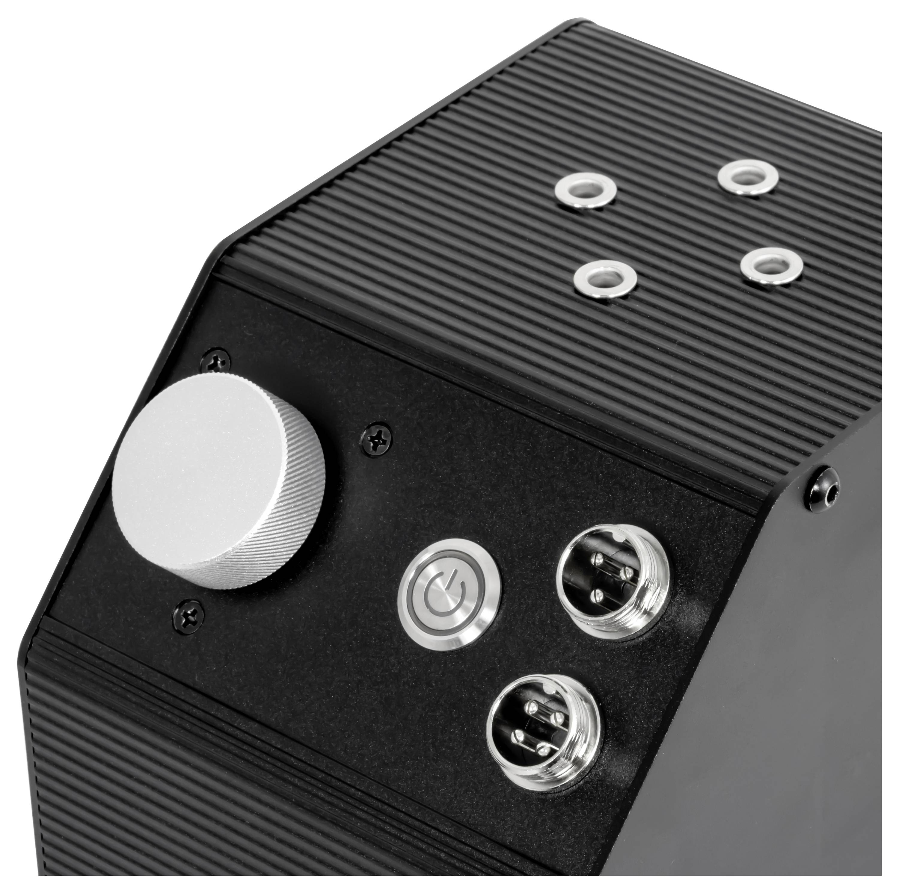 Czarne, prostokątne urządzenie z żebrowanym pokrętłem, włącznikiem/wyłącznikiem i dwoma okrągłymi złączami z przodu, prawdopodobnie sprzęt audio lub techniczny.