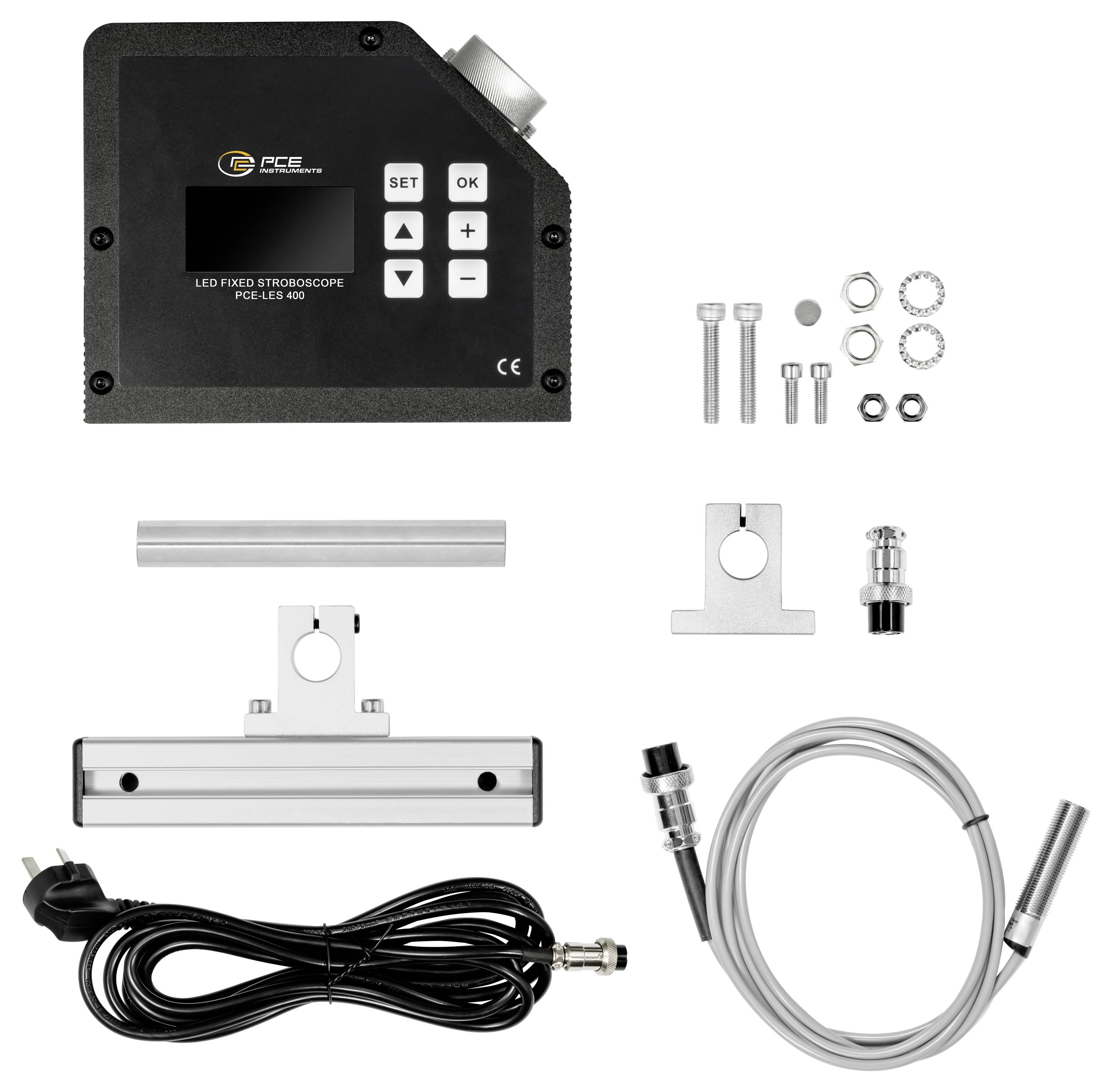 Stroboskop LED z jednostką sterującą, materiałami montażowymi, kablami i wtyczkami. Zestaw do optycznej analizy obiektów w ruchu.