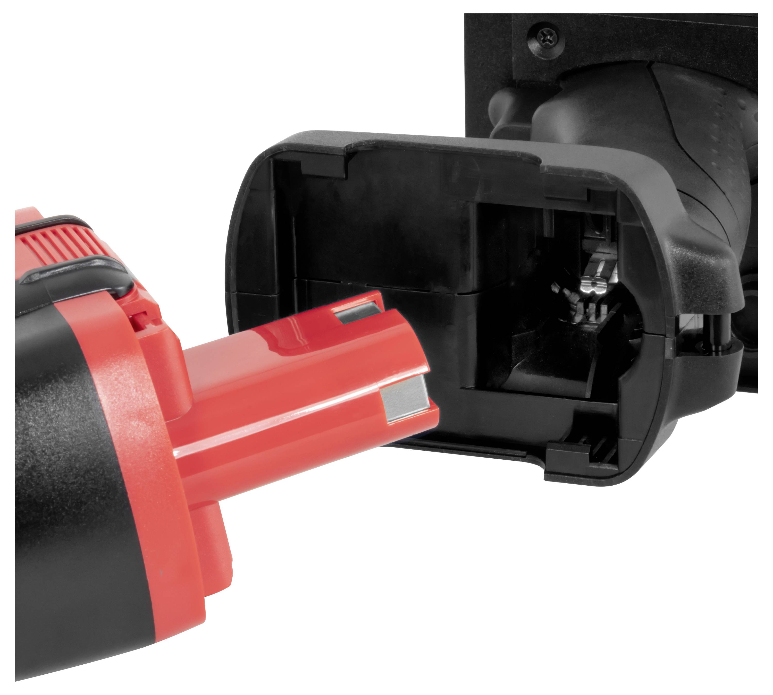 Czerwony akumulator zostaje włożony w odpowiednie gniazdo czarnego urządzenia elektrycznego.