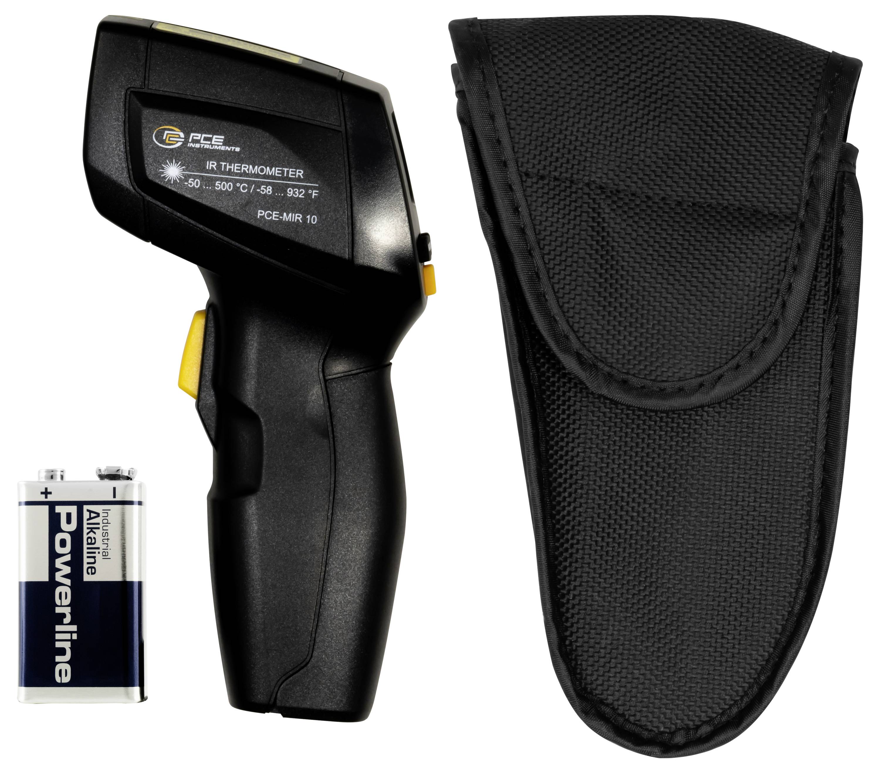 Pistolet termometru na podczerwień, etui transportowe i bateria 9V na białym tle.