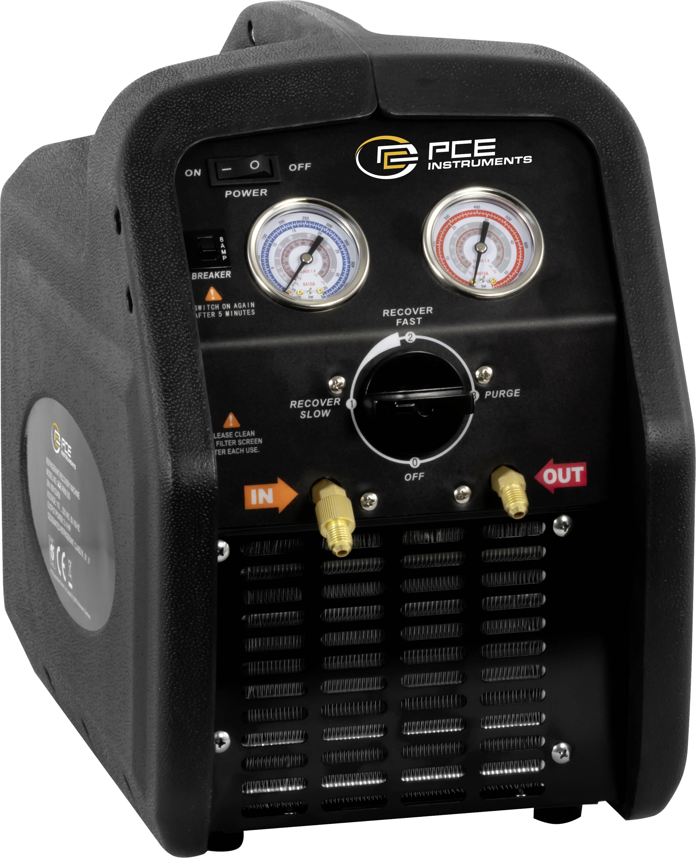 Czarne urządzenie z dwoma manometrami i kilkoma przyłączami. Widoczne logo marki oraz przełącznik włączania/wyłączania.