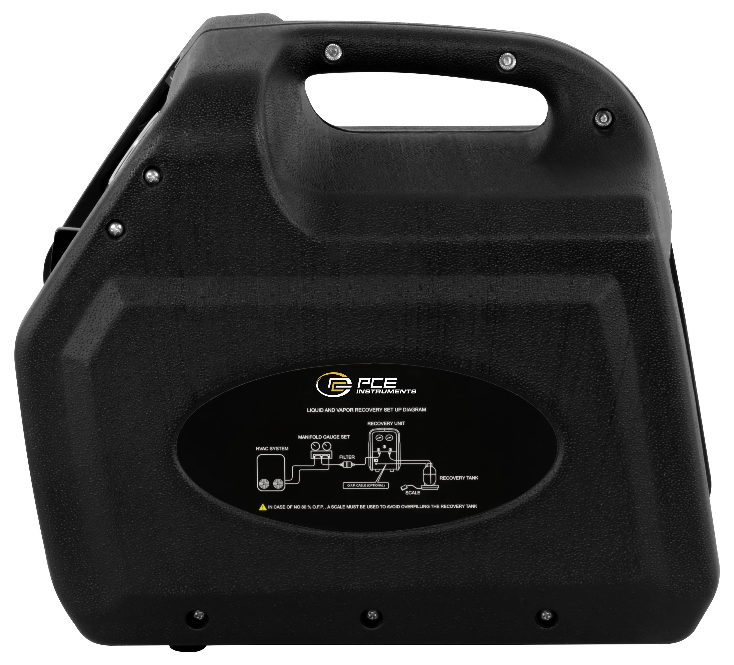 Czarna obudowa urządzenia do odzysku czynnika chłodniczego z etykietą pośrodku, przedstawiającą wewnętrzny schemat przepływu.