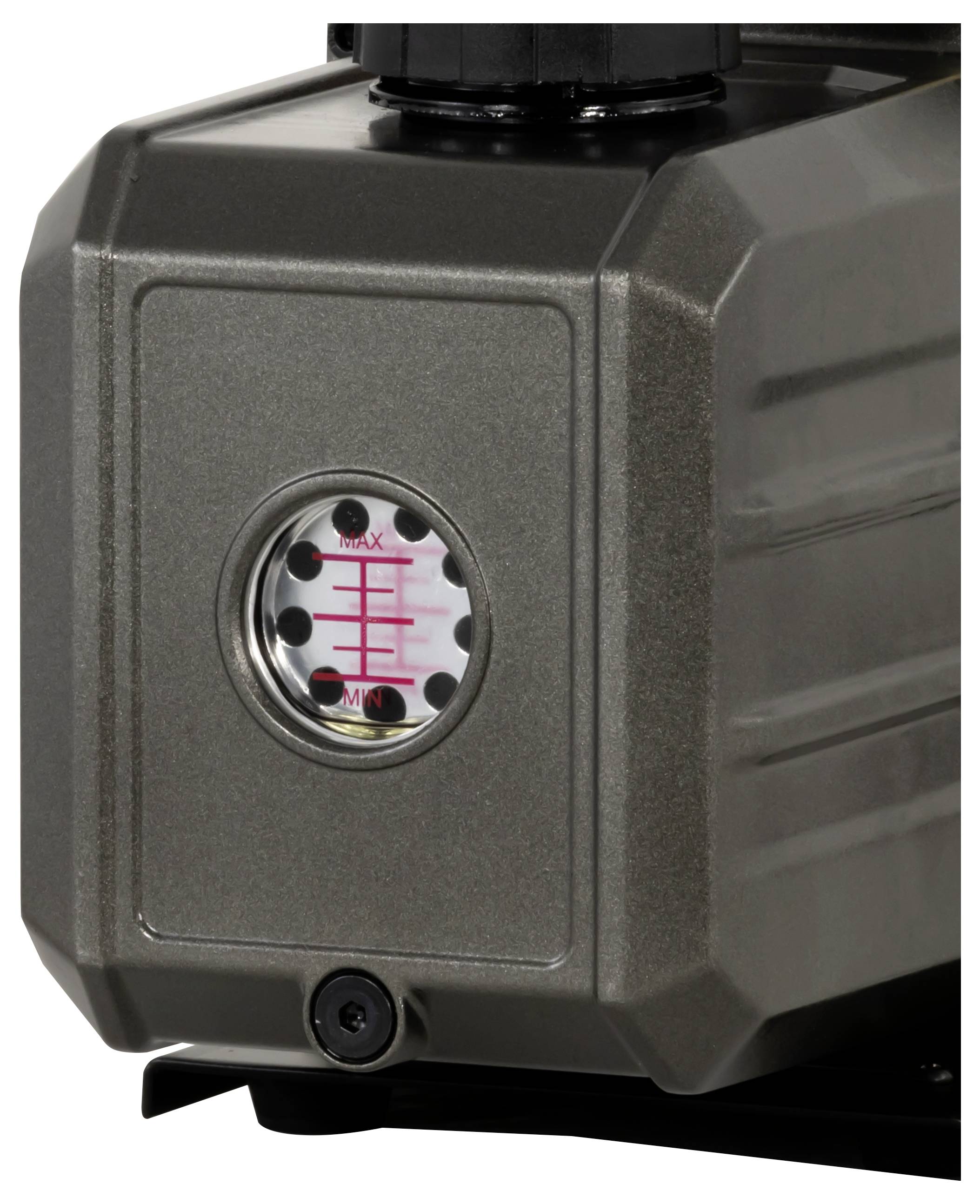 Szara jednostka pompowa z manometrem, pokazująca skalę od 'Min' do 'Max'.