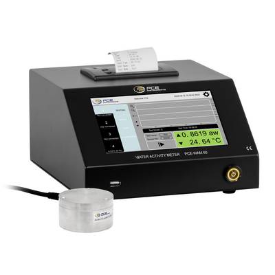 Miernik aktywności wody z ekranem dotykowym, drukarką paragonów i podłączonym czujnikiem filiżanki próbki wyświetlającym wartości pomiarów.