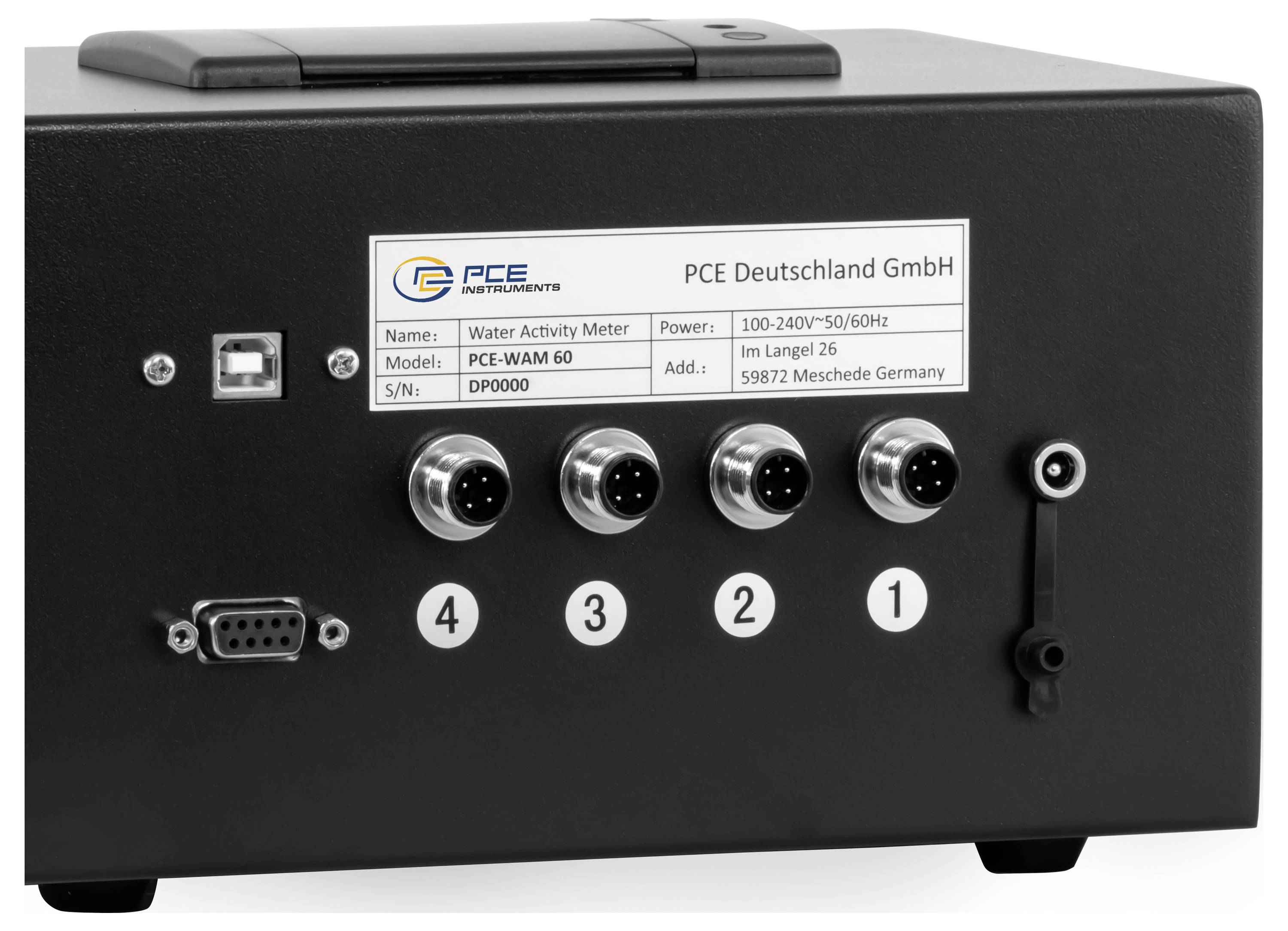 Jednostka miernika aktywności czarnej wody oznaczona 'PCE Deutschland GmbH' z czterema frontowymi portami sensorów ponumerowanymi od 1 do 4 i panelem zasilania/USB.