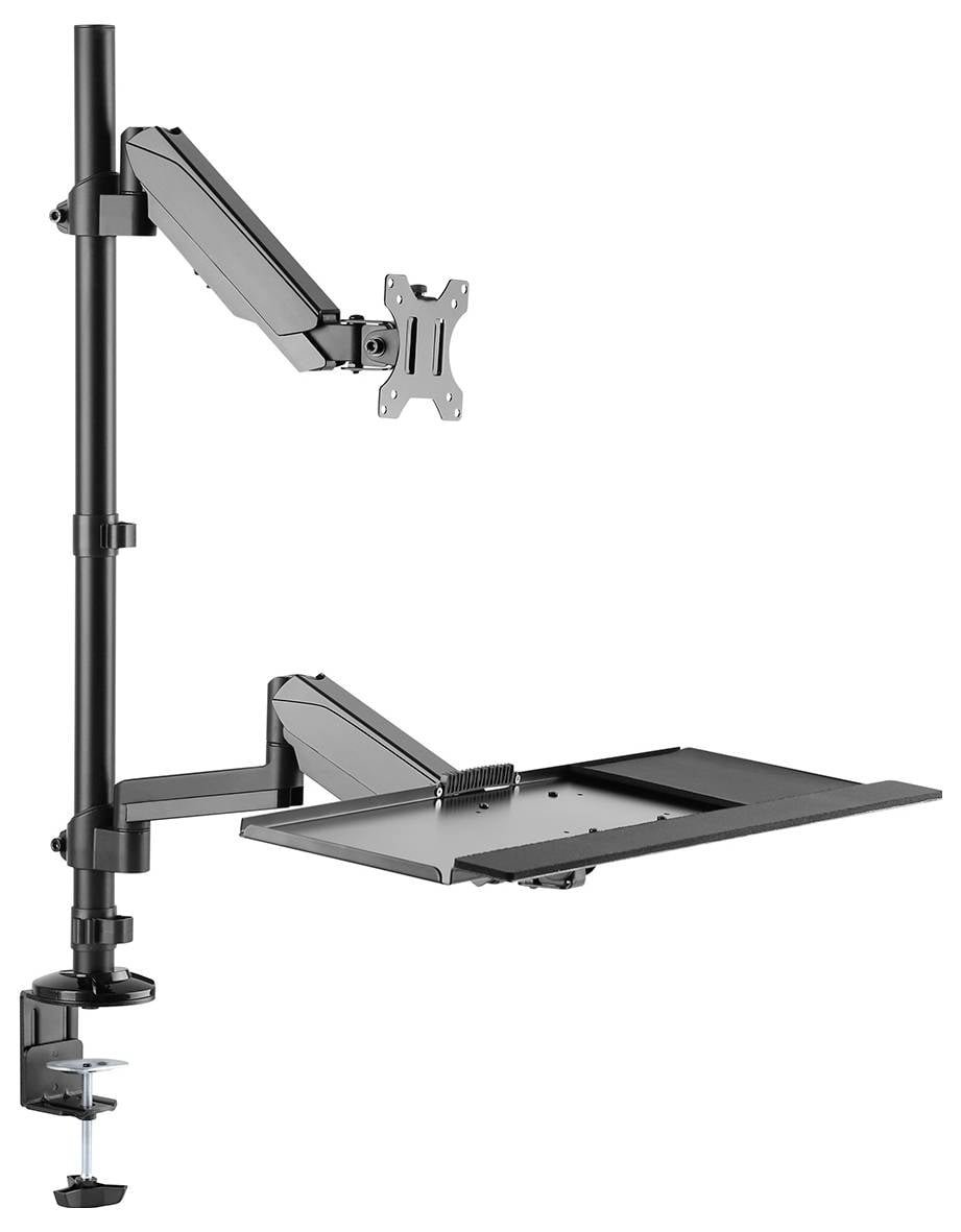 Ergonomiczny uchwyt monitora z tacką na laptopa, zamocowany do biurka. Regulowane ramiona umożliwiające ustawienie ekranu w różnych pozycjach.