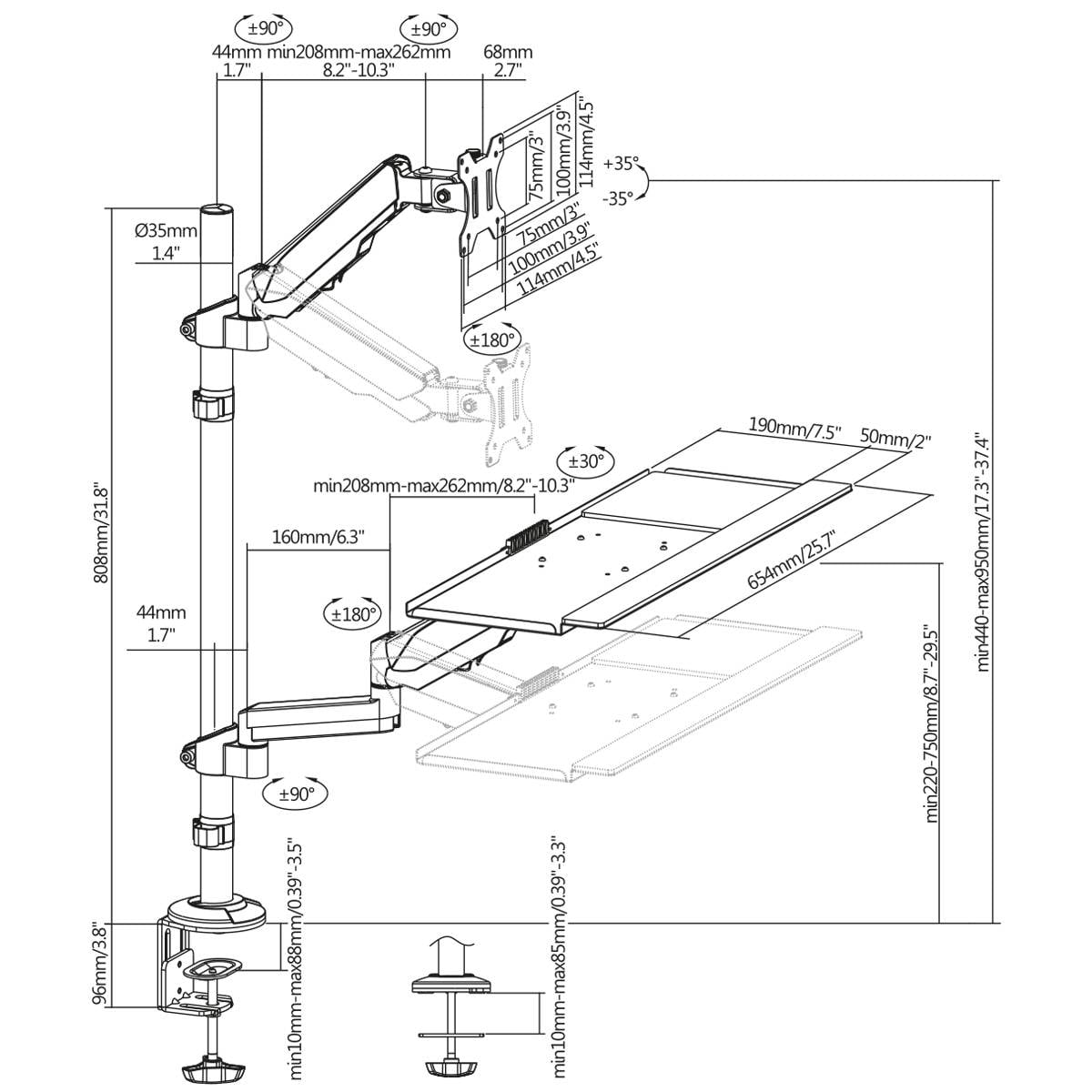 Rysunek techniczny regulowanego ramienia monitora ze szczegółowymi wymiarami i kątami. Odpowiedni dla monitorów do 27 cali.