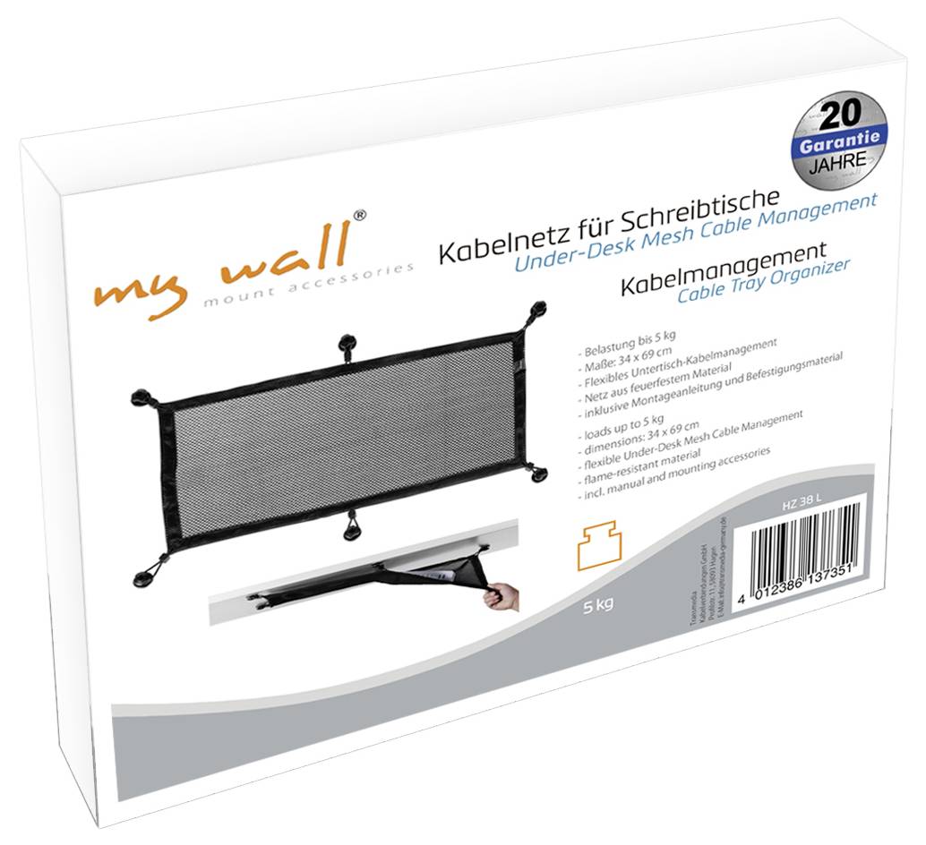 Siatka kablowa do biurka firmy my wall; do organizacji kabli pod blatem do 5 kg, z 20-letnią gwarancją.
