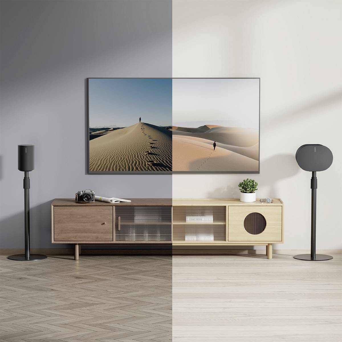 Pomieszczenie z dwoma różnymi rodzajami oświetlenia. Po lewej stronie chłodne światło, po prawej ciepłe. Pośrodku obraz pustyni.