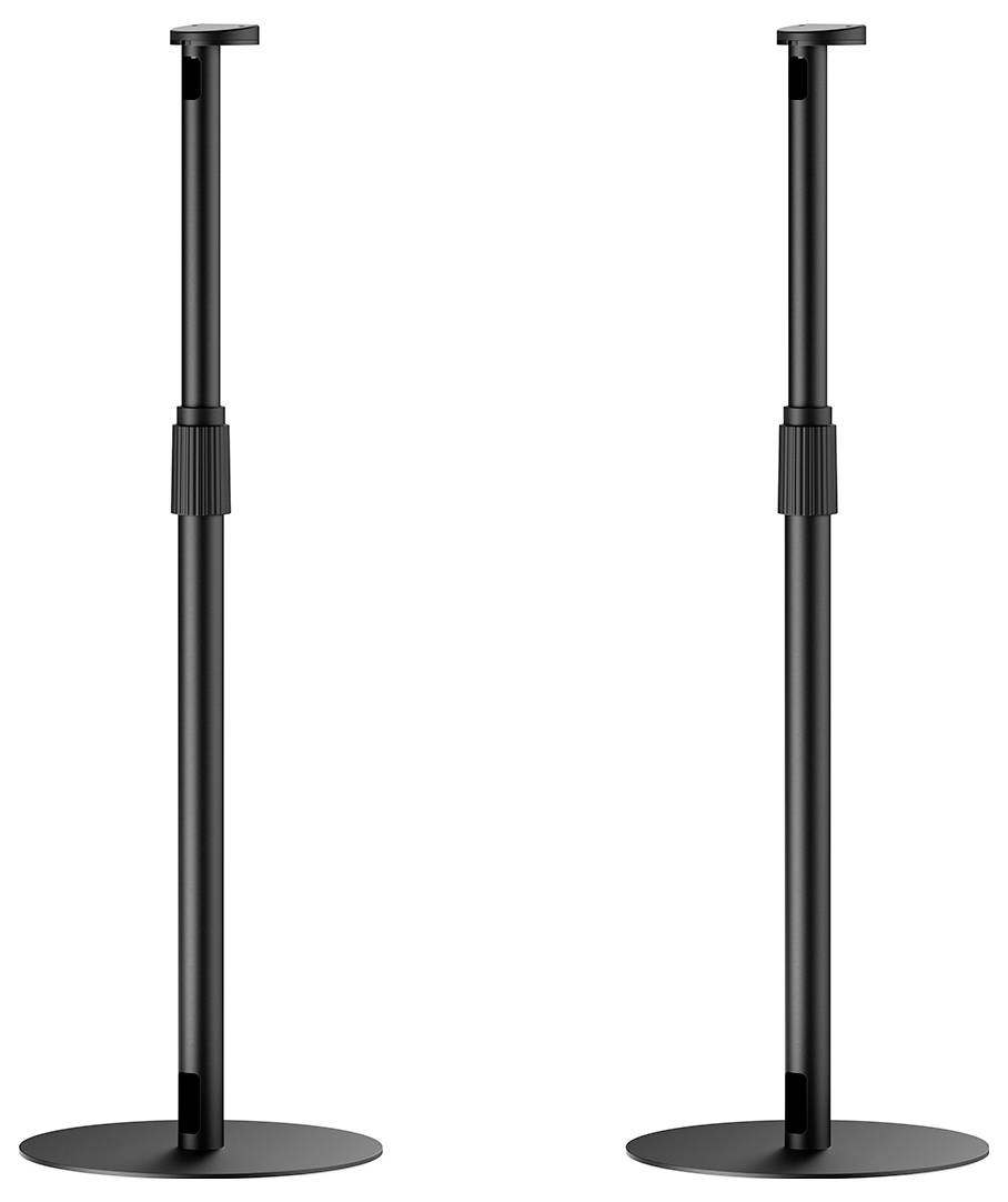 Dwa czarne, regulowane stojaki głośnikowe z okrągłymi podstawami, stojące pionowo obok siebie. Idealne do domowego kina lub systemów muzycznych.