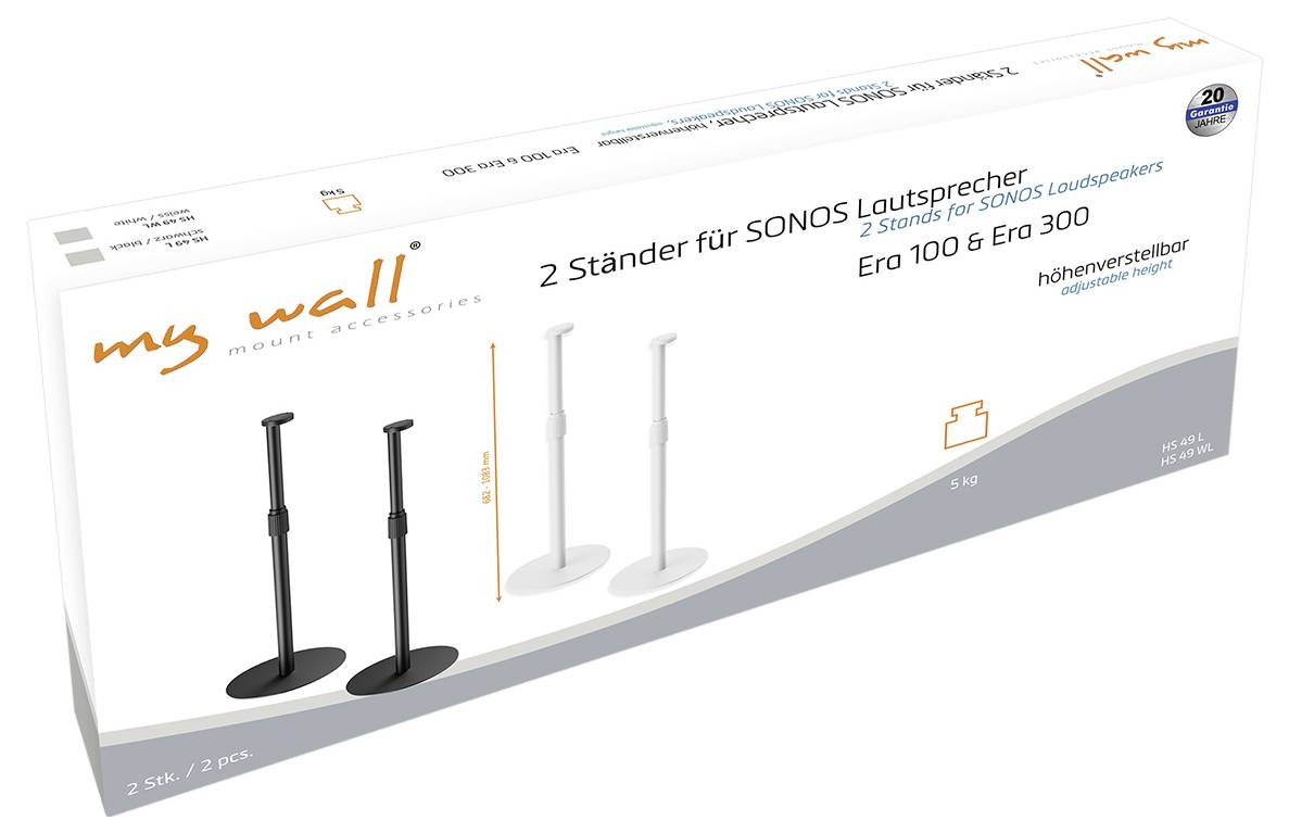 '2 stojaki na głośniki SONOS, regulowane wysokościowo. Kompatybilne z Era 100 i Era 300. Zawiera czarne i białe stojaki.'
