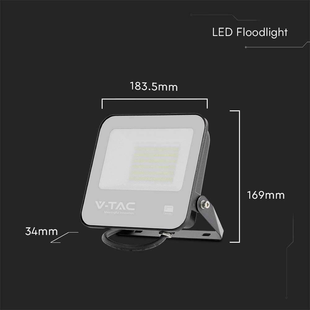 Czarny LED-reflektor naświetlacz o wymiarach: szerokość 183,5 mm, wysokość 169 mm, głębokość 34 mm, z oznaczeniem produktu 'V-TAC'.