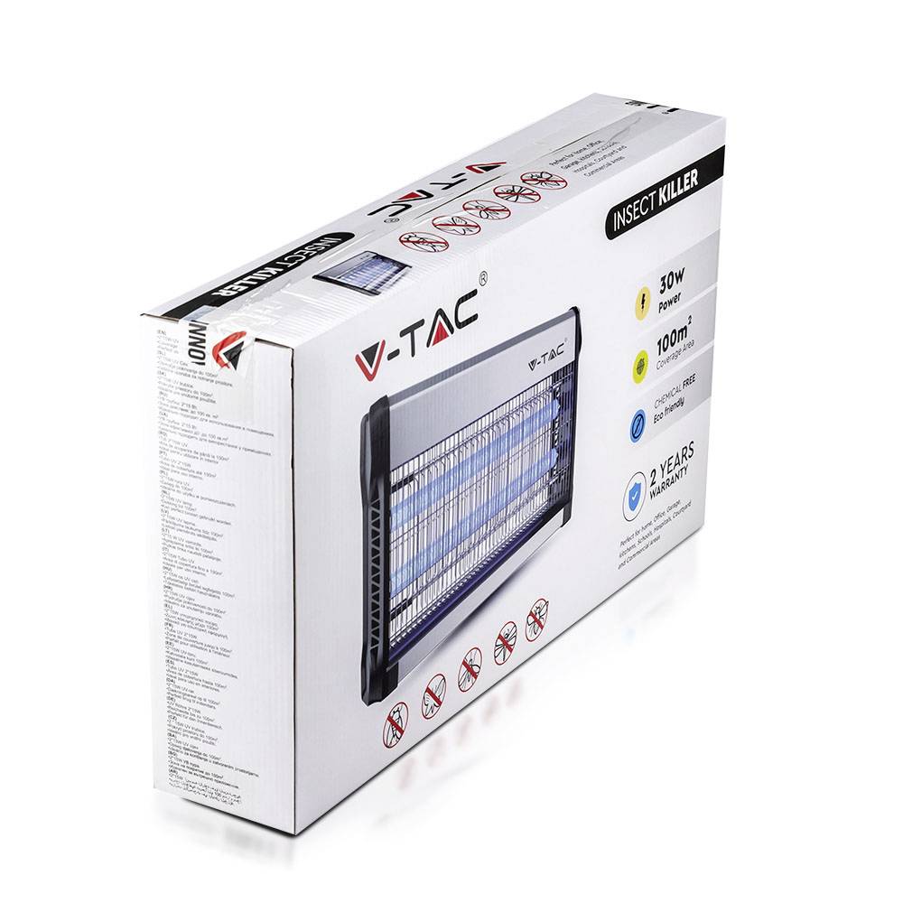 Opakowanie elektrycznego niszczycielka owadów z ilustracją urządzenia, kluczowymi specyfikacjami i ostrzeżeniami bezpieczeństwa.