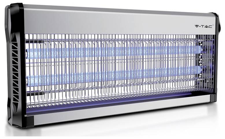 Elektryczny zabójca owadów z dwoma niebieskimi lampami UV i designem w formie siatki, przeznaczony do zwalczania szkodników wewnątrz pomieszczeń.