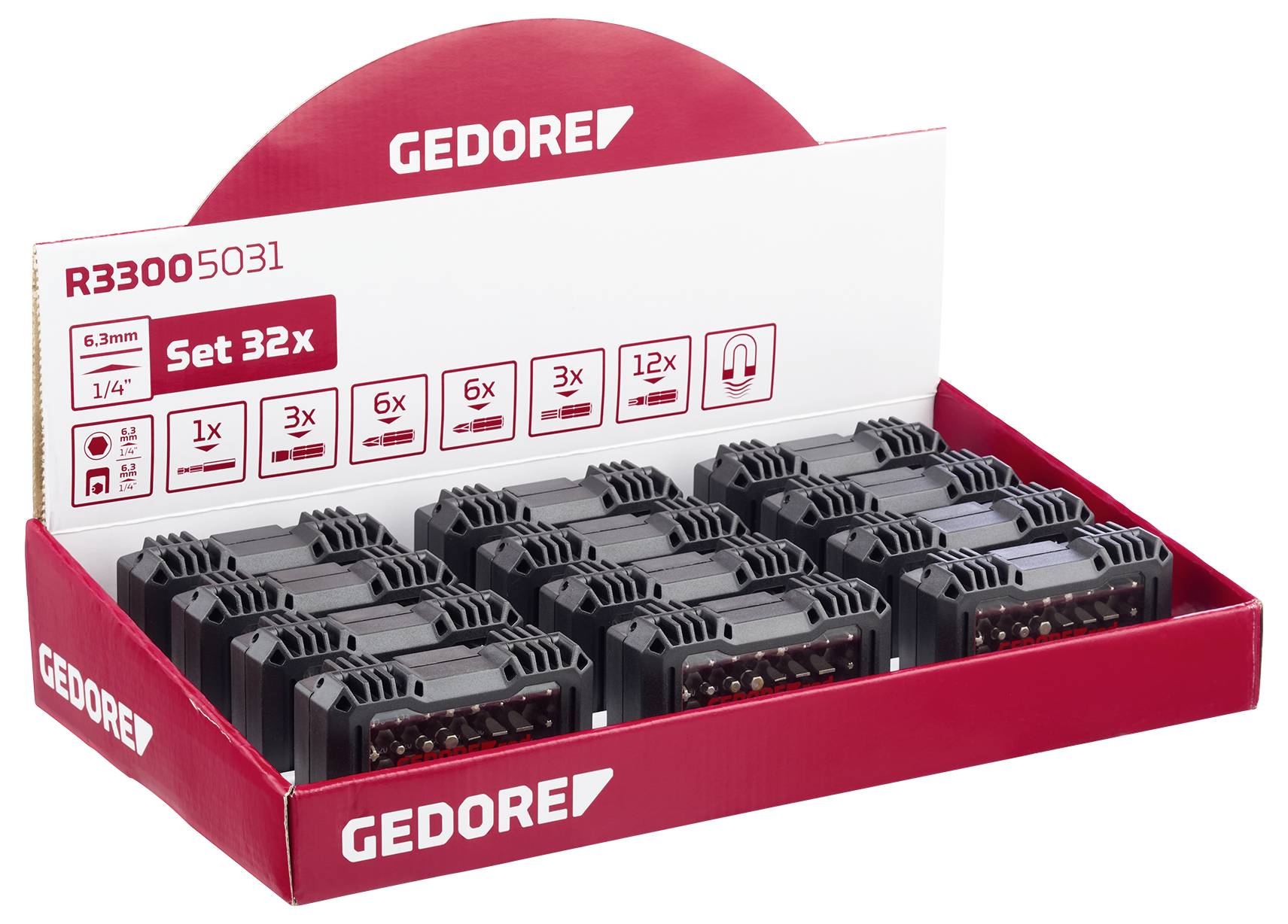 Zestaw 32 nasadek GEDORE w czerwonym opakowaniu, na odwrocie widnieje 'R33005031' oraz 'Zestaw 32x' z podanymi rozmiarami.