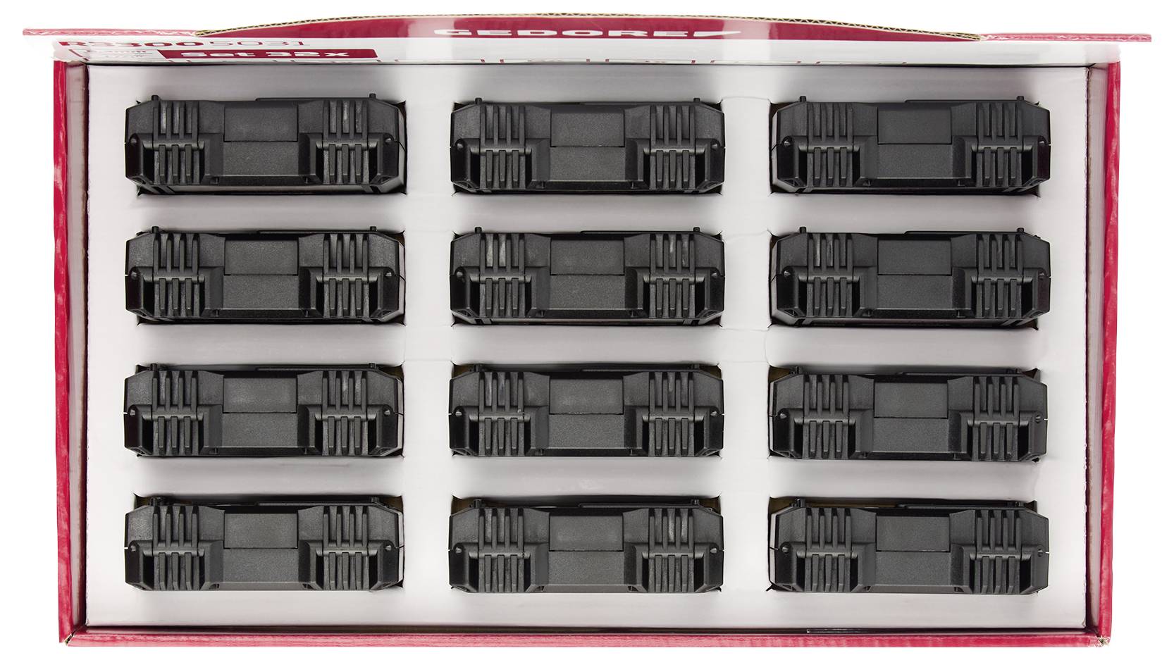 Otwarty karton z dwunastoma identycznymi, czarnymi przedmiotami o plastikowym wyglądzie, ułożonymi w trzech rzędach po cztery jednostki.