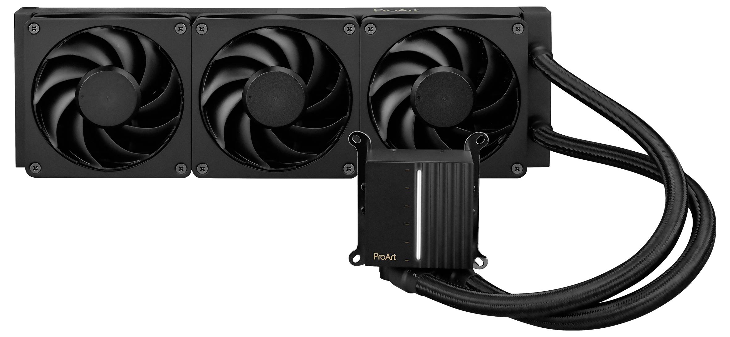 Zewnętrzny system chłodzenia z trzema wentylatorami i połączonymi przewodami. Urządzenie główne oznaczone napisem 'ProArt', prezentuje funkcjonalny design.