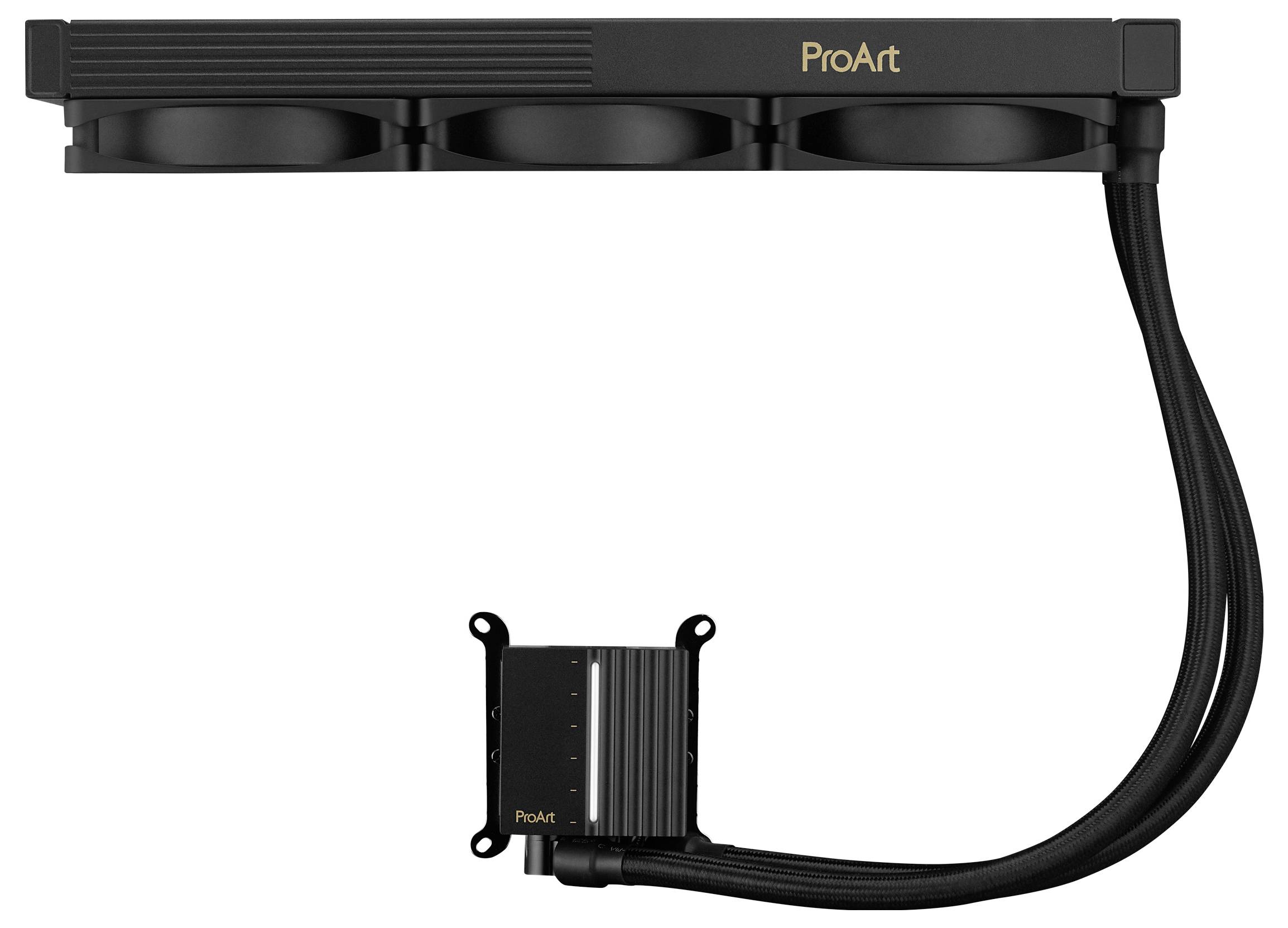 Komponent chłodzący z trzema wentylatorami i przewodami, oznaczony napisem 'ProArt'.