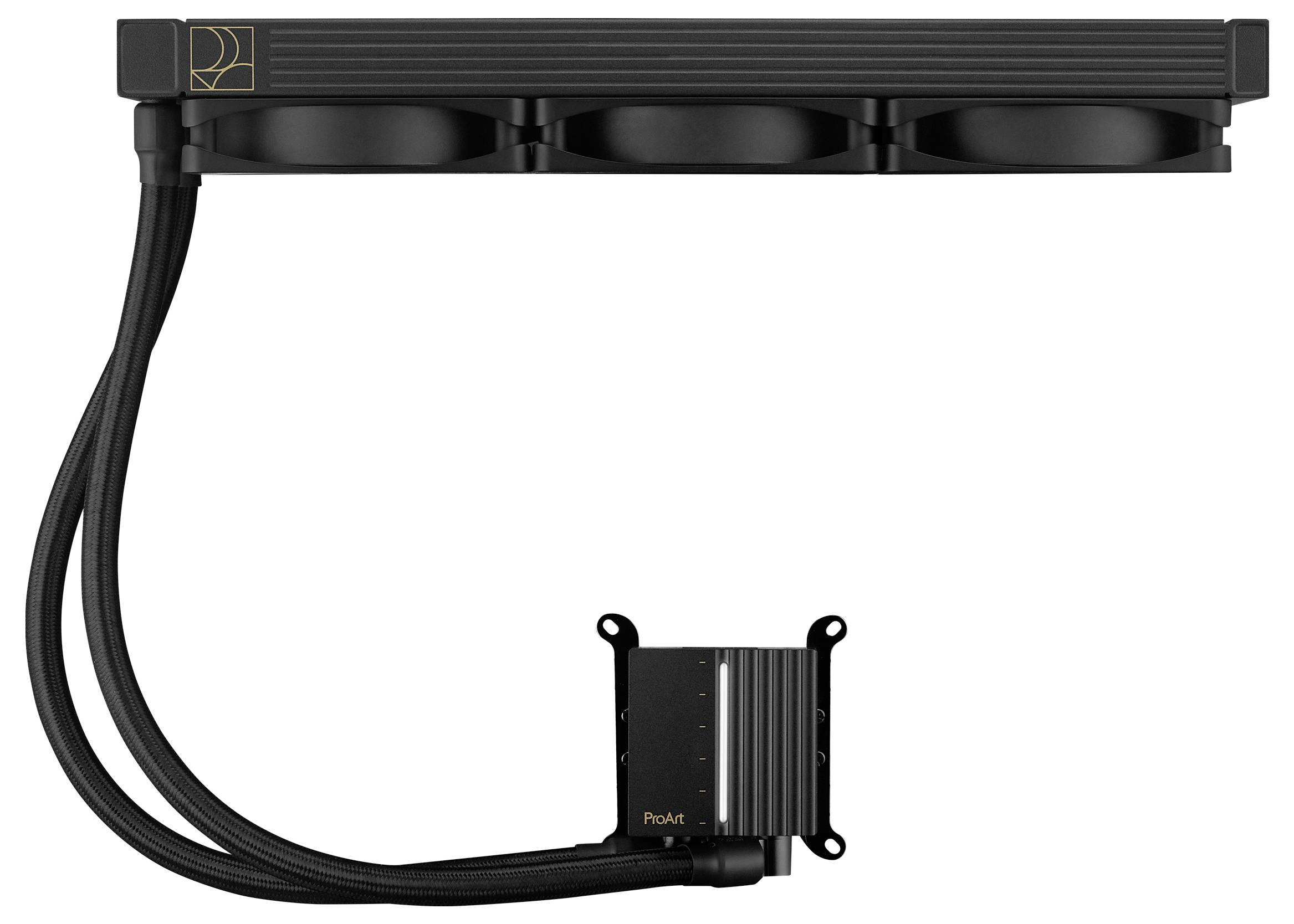 Trójwentylatorowa jednostka chłodząca wodą z wężami i pompą, odpowiednia do chłodzenia procesora komputerowego, w kolorze czarnym.