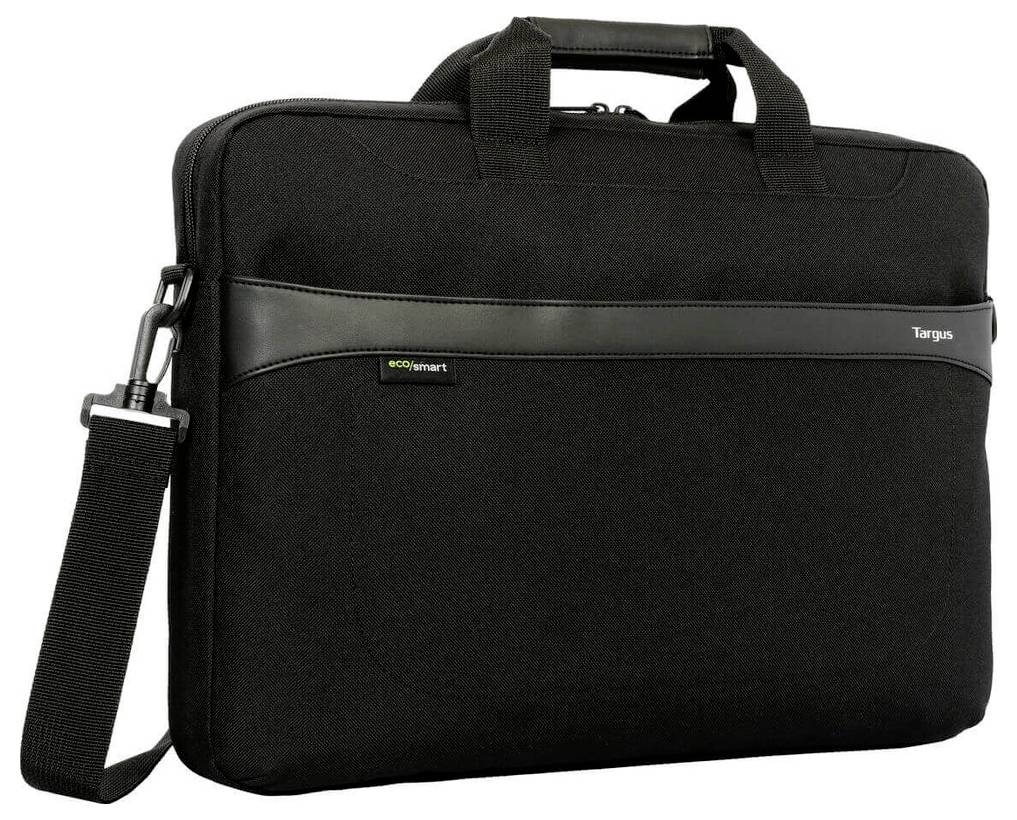 Czarna torba na laptopa z uchwytem do noszenia i odpinowym paskiem na ramię. Torba posiada cienki pasek i logo producenta.