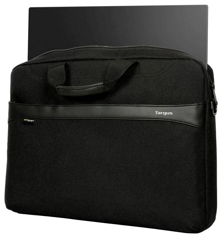 Czarna torba na laptopa z paskiem do noszenia i zamkiem błyskawicznym. Na przedniej stronie widoczne jest logo marki.