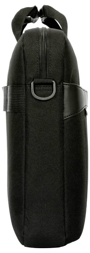 Czarna torba na laptopa wykonana z materiału, wyposażona w uchwyt do ręki oraz pasek boczny, sfotografowana z boku.