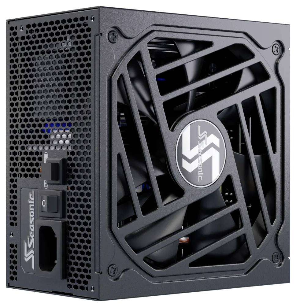 'Zasilacz Seasonic z wentylatorem i włącznikiem sieciowym. Obudowa w kolorze szarym, odpowiednia do komputera, zapewnia zasilanie i chłodzenie.'