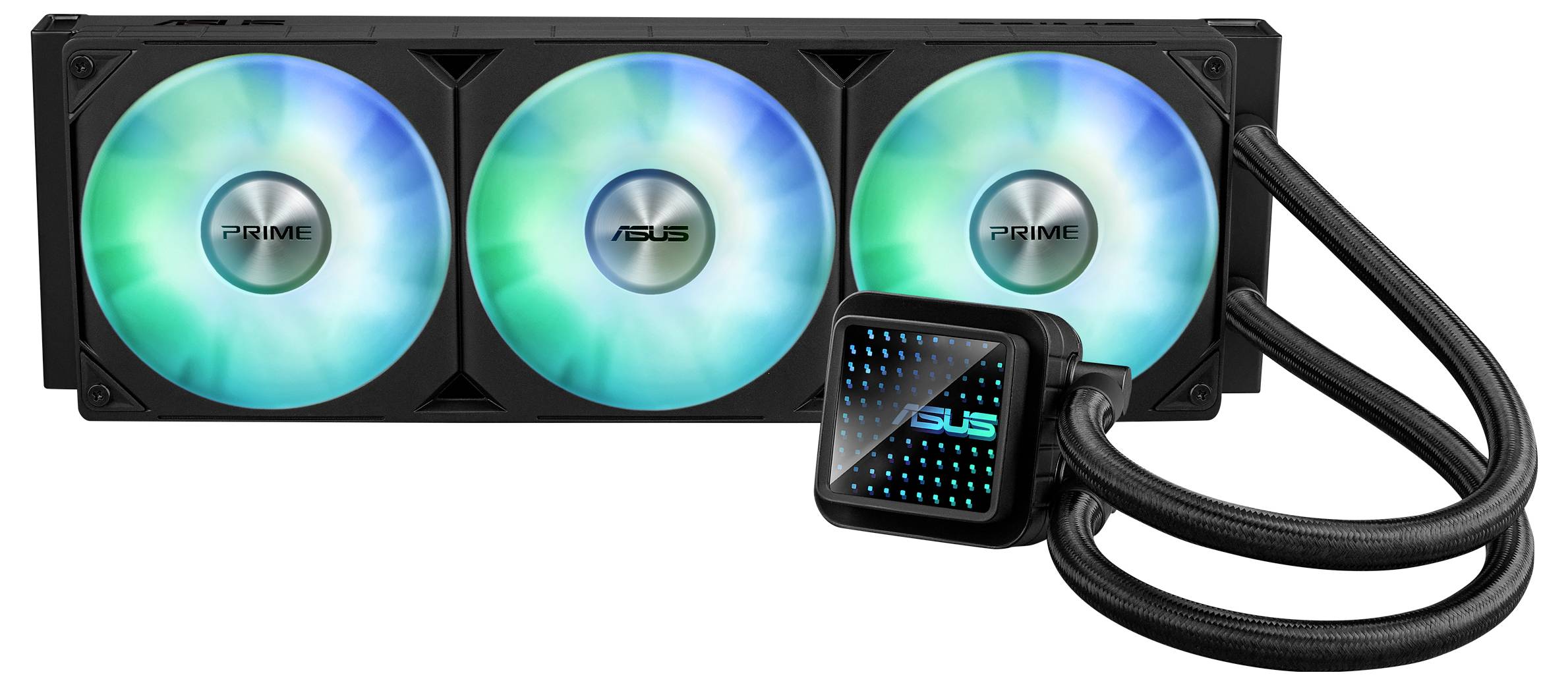 System chłodzenia z trzema świecącymi wentylatorami i rurką; nazwa marki 'ASUS' na wentylatorach i prawej jednostce.