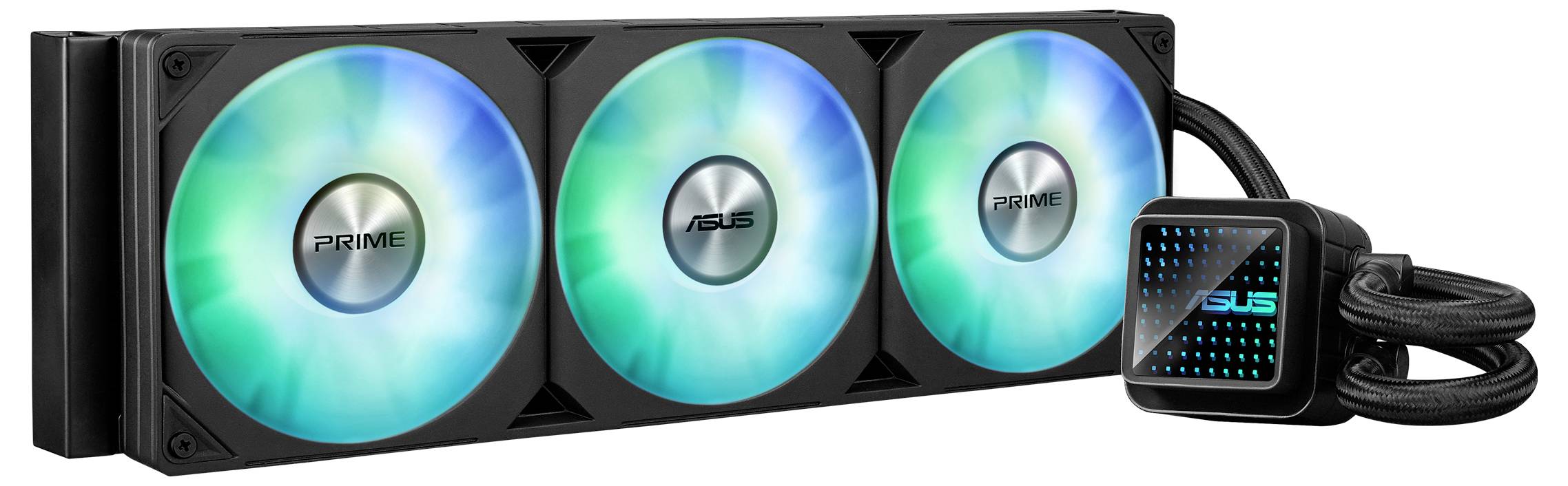 Jednostka chłodząca ASUS Prime z trzema świecącymi wentylatorami w kolorach niebieskim i zielonym oraz prostokątnym radiatorem, połączonymi za pomocą przewodów.