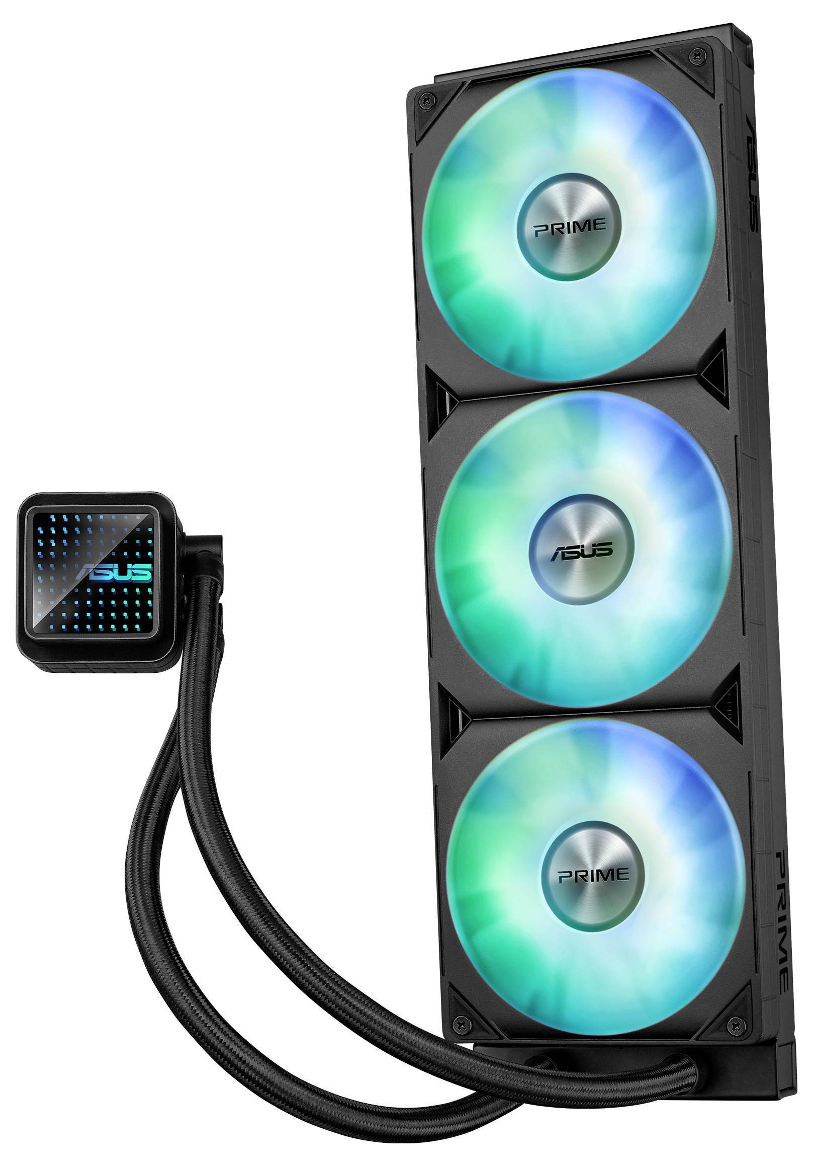 Jednostka chłodzenia płynowego komputera z trzema podświetlanymi wentylatorami i kwadratowym blokiem pompy.