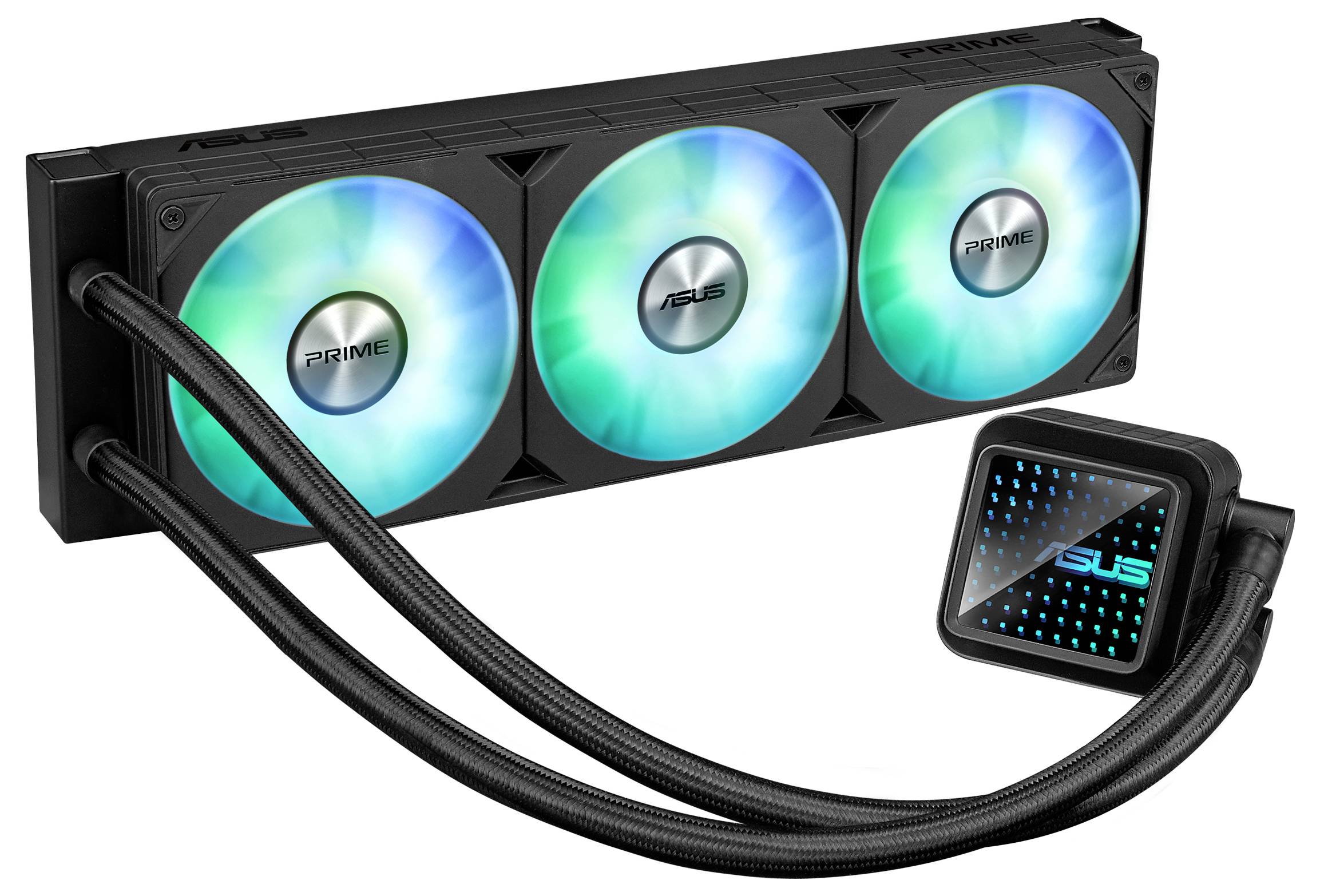 Chłodnica cieczowa z trzema podświetlanymi wentylatorami i blokiem pompy z logo. Odpowiednia do chłodzenia procesorów komputerowych.