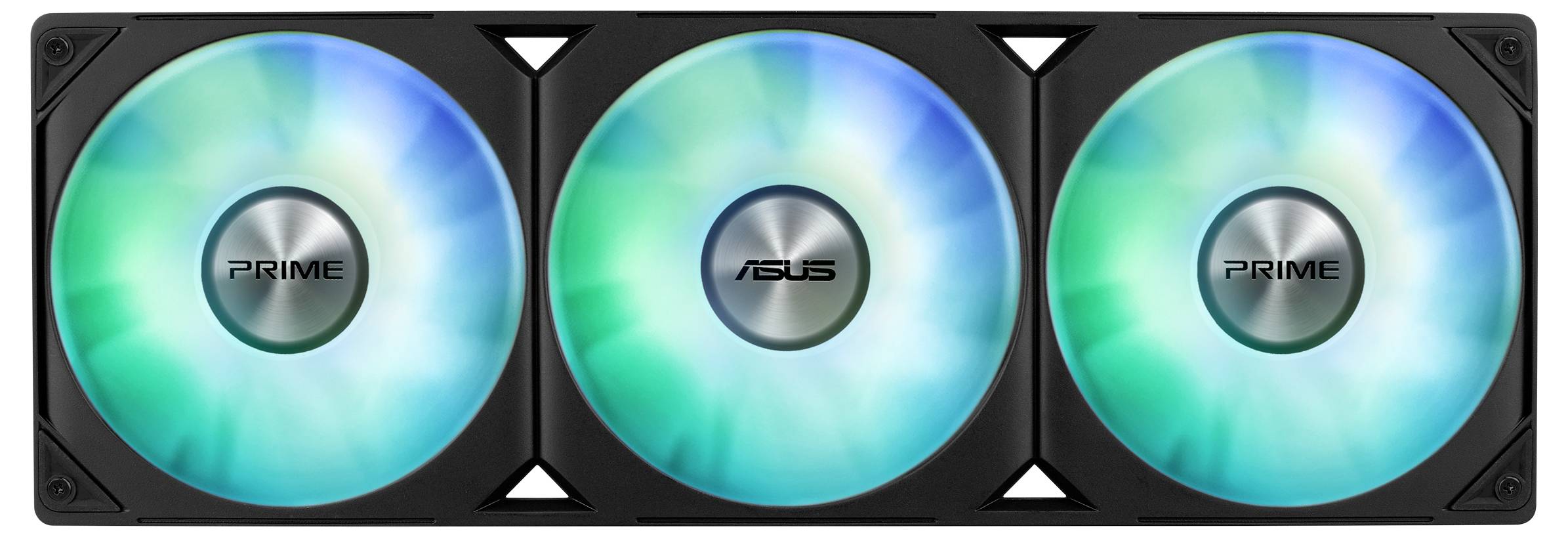 Trzy świecące wentylatory komputerowe w kolorach niebieskim i zielonym, centralnie utrzymywane przez metalową ramę, z logo 'PRIME' i 'ASUS' pośrodku.