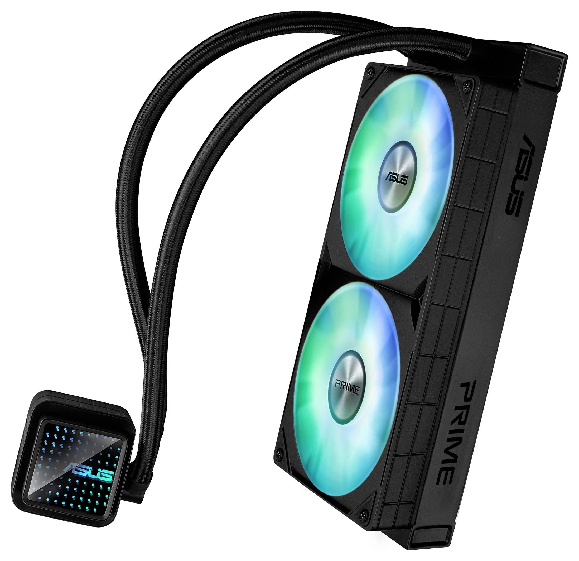 Urządzenie chłodzące z dwoma świecącymi wentylatorami i oznakowanymi przewodami. Odpowiednie dla komputerów marki 'ASUS', model 'PRIME'.
