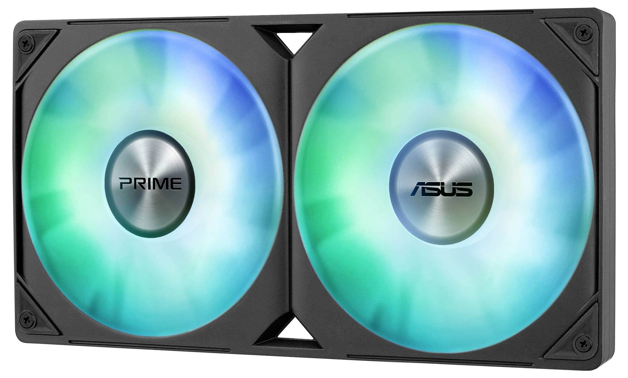 Dwa obracające się wentylatory RGB z zielono-niebieskim podświetleniem na czarnej ramie, oznaczone napisem 'PRIME' i logo marki.