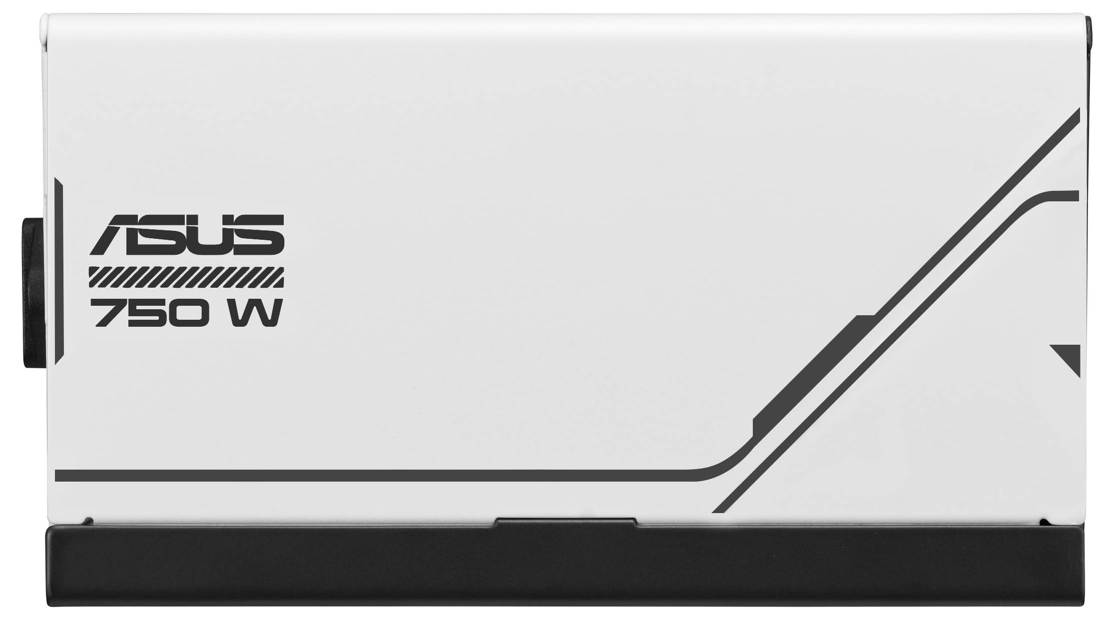 Białe zasilanie ASUS o mocy 750 W, sfotografowane z boku, z czarnym logo i szczegółami.