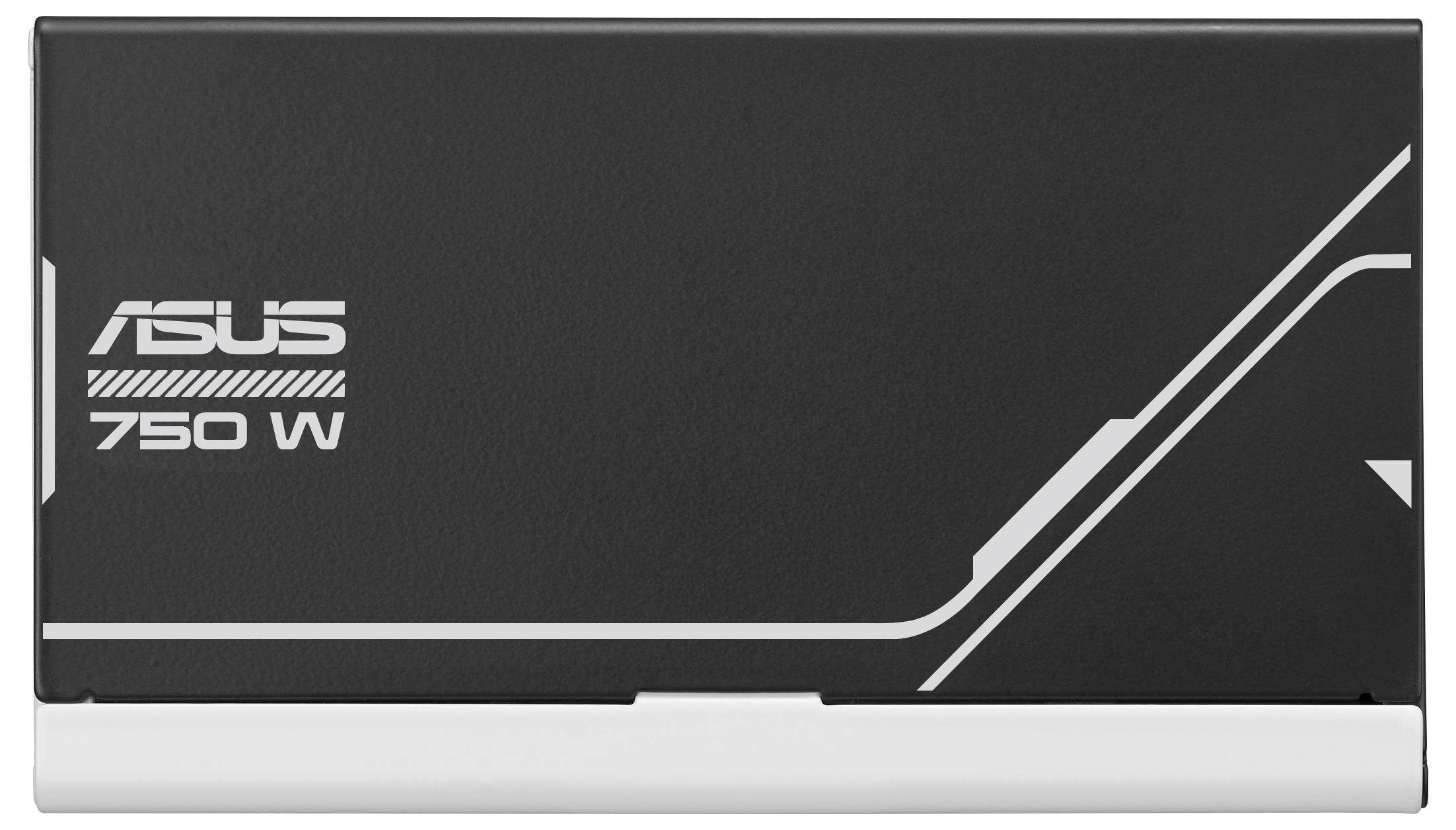 Zasilacz ASUS 750 W w kolorze czarnym, prostokątny, z białym tekstem i liniami na powierzchni.
