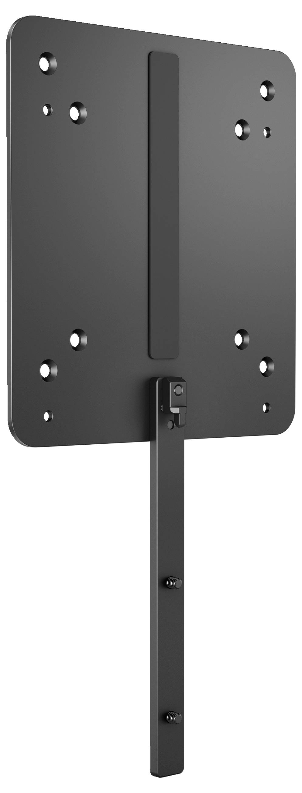 Metalowa podstawa z wieloma otworami na śruby, pionową rurą i prostokątną płytą. Odpowiednia do montażu ściennego.